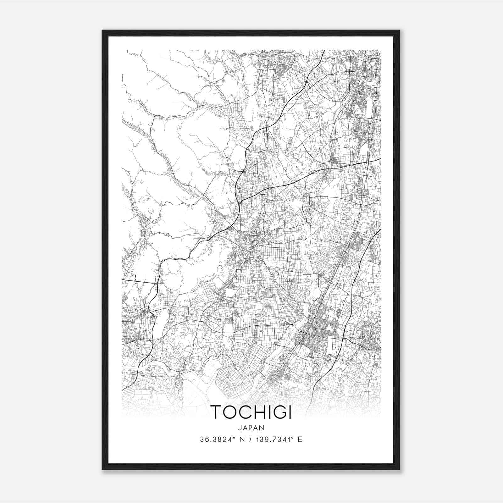 Tochigi Japan Map Poster, Tochigi City Road Wall Art Print