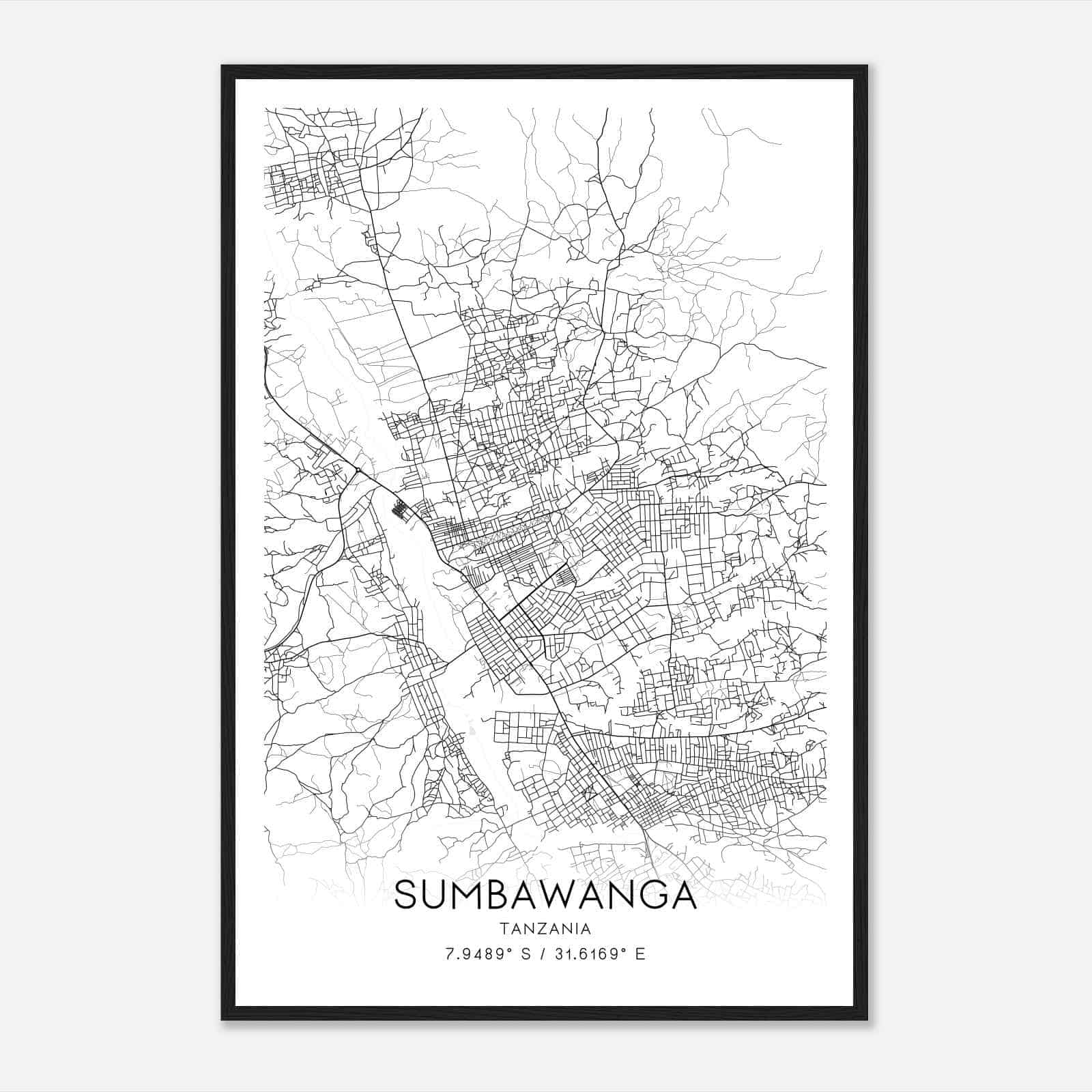 Sumbawanga Tanzania Map Poster, Sumbawanga City Road Wall Art Print