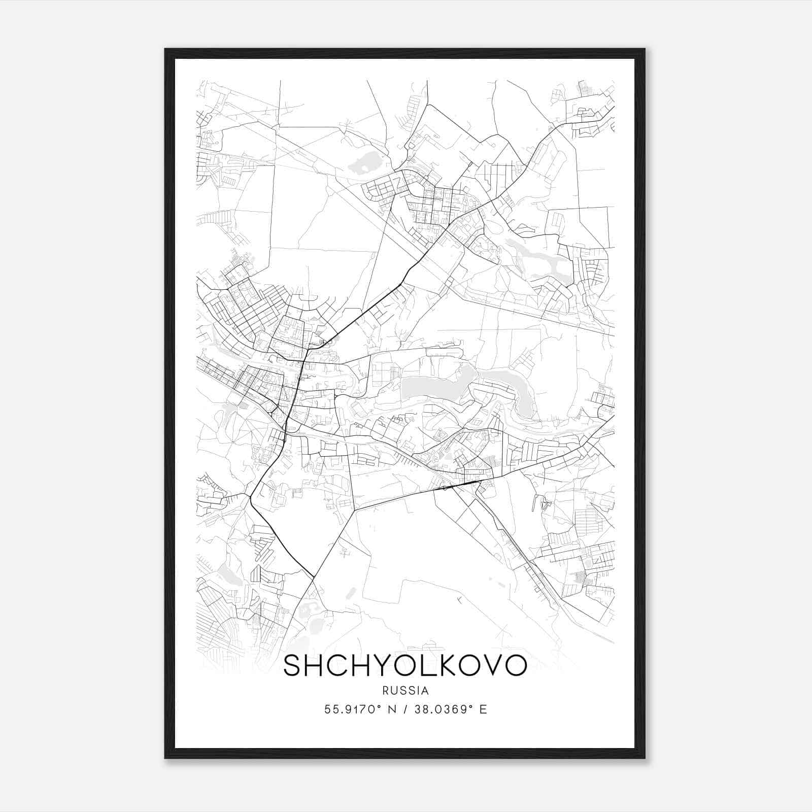 Shchyolkovo Russia Map Poster, Shchyolkovo City Road Wall Art Print