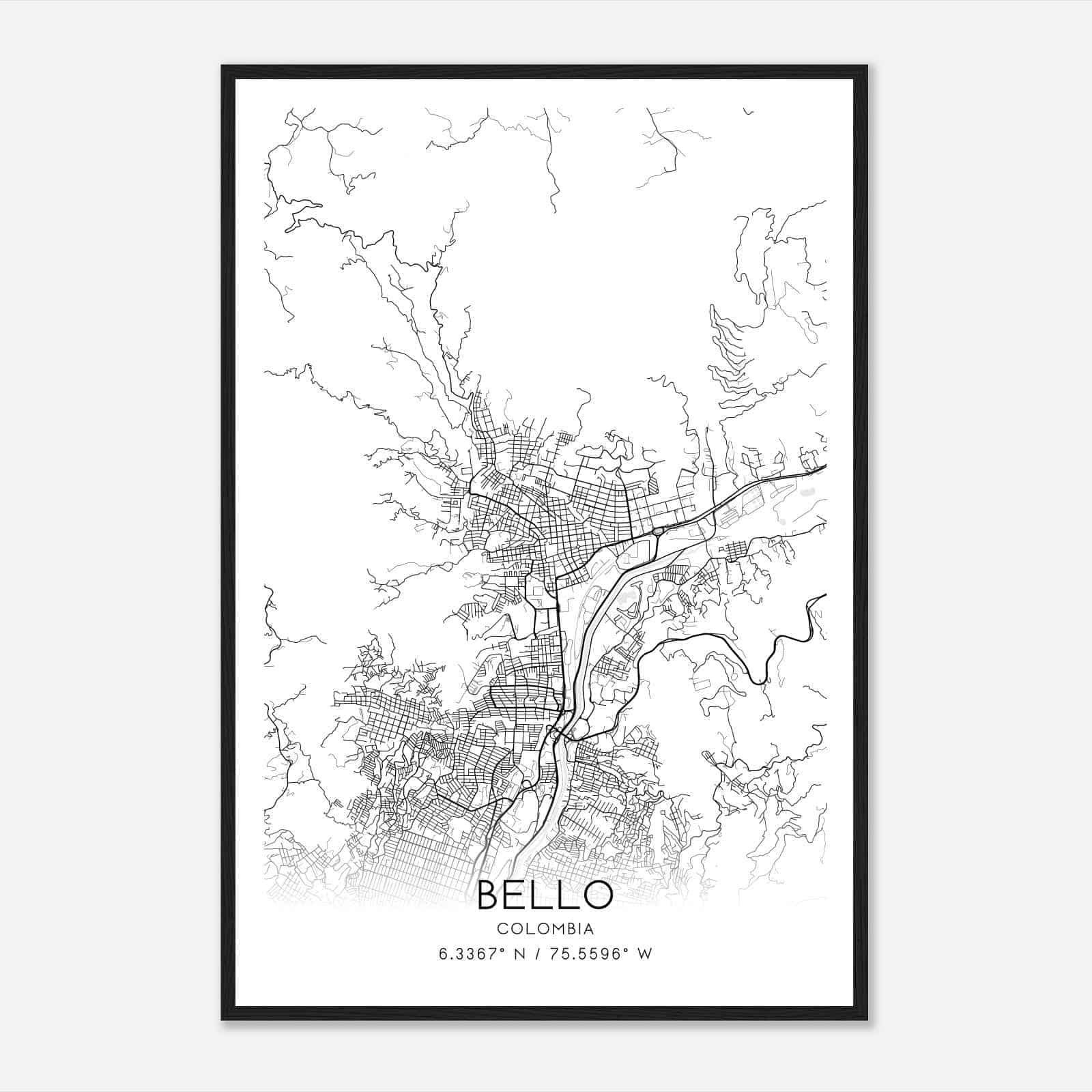 Bello Colombia Map Poster, Bello City Road Wall Art Print