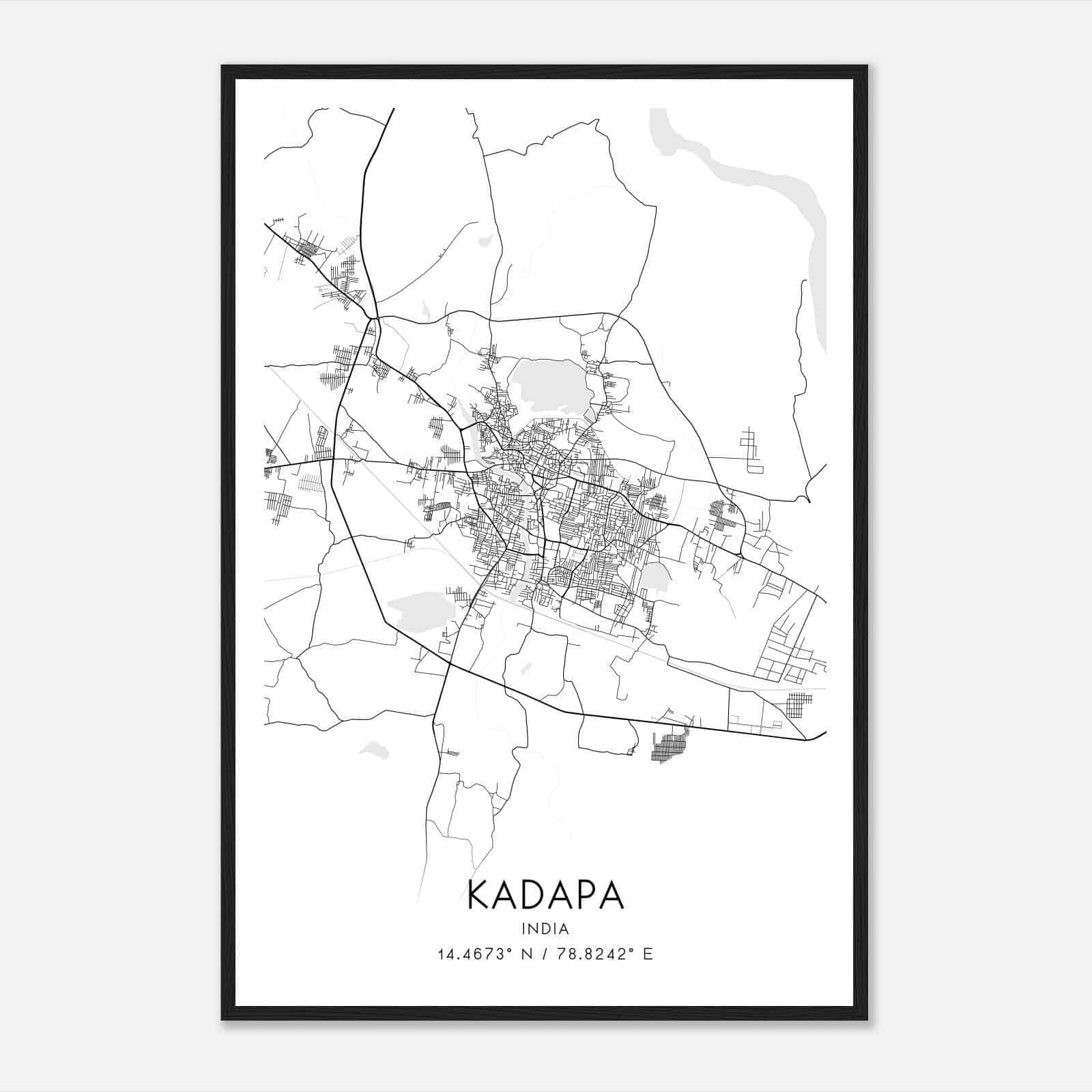 Kadapa India Map Poster, Kadapa City Road Wall Art Print