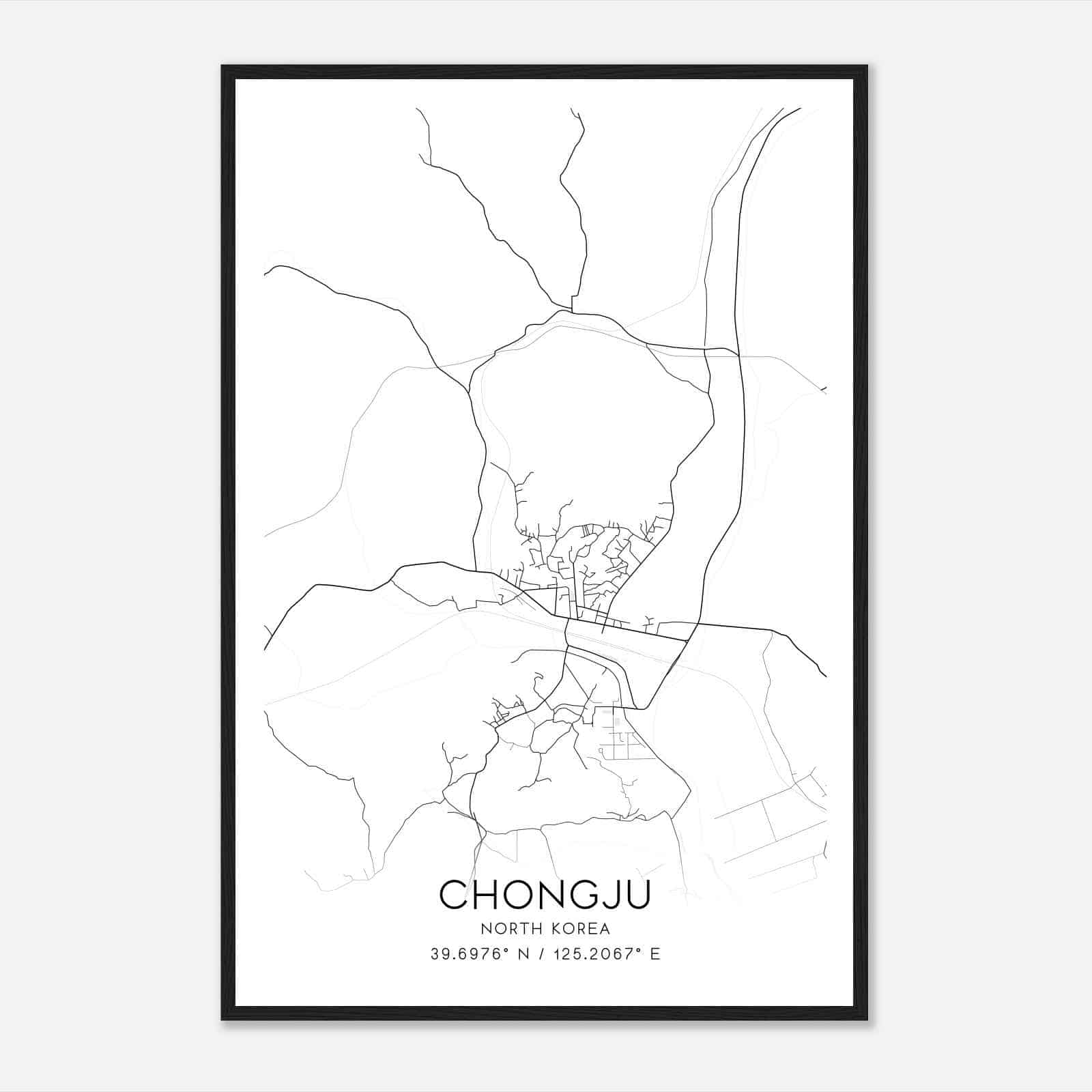 Chongju North Korea Map Poster, Chongju City Road Wall Art Print