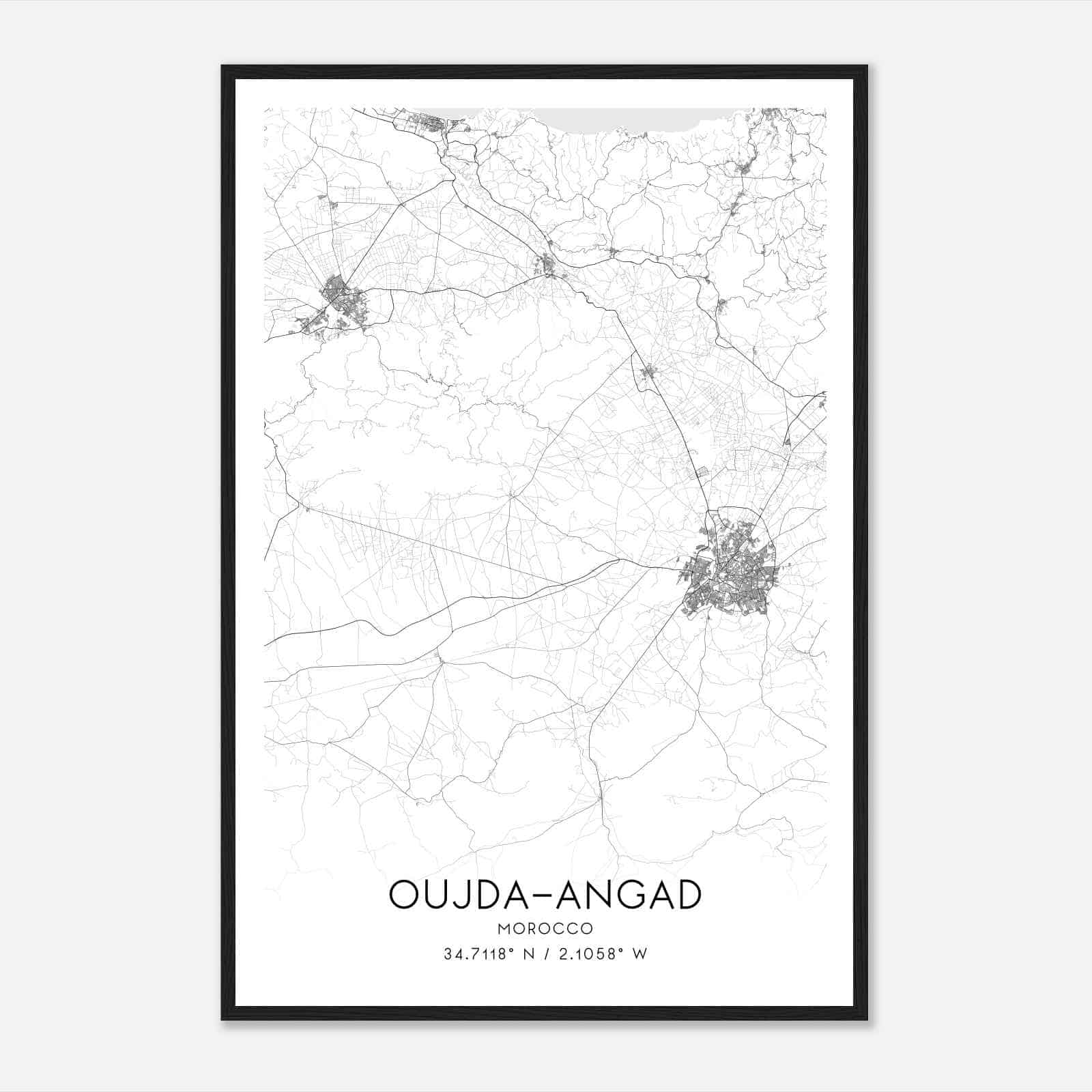 OujdaAngad Morocco Map Poster, OujdaAngad City Road Wall Art Print