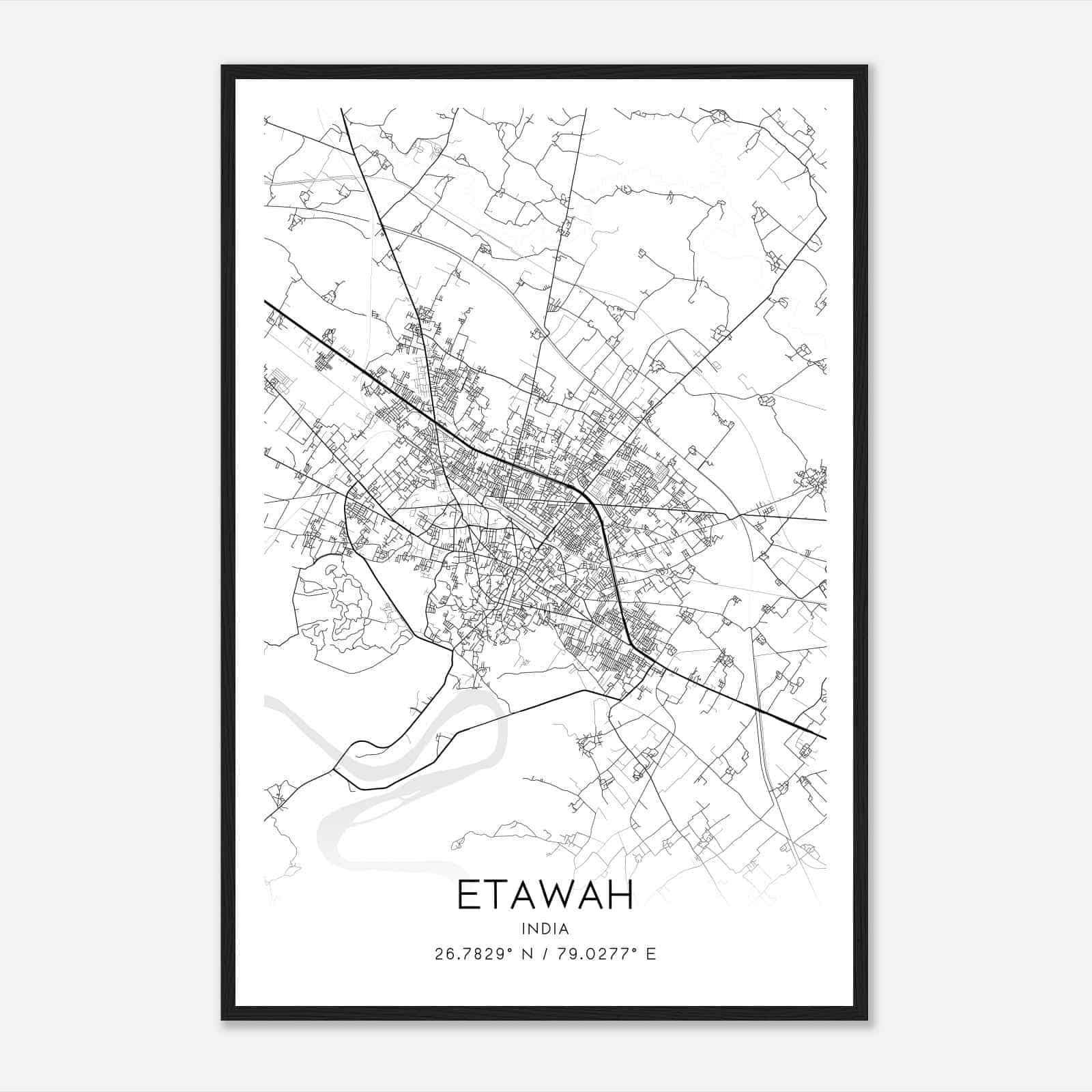 Etawah India Map Poster, Etawah City Road Wall Art Print