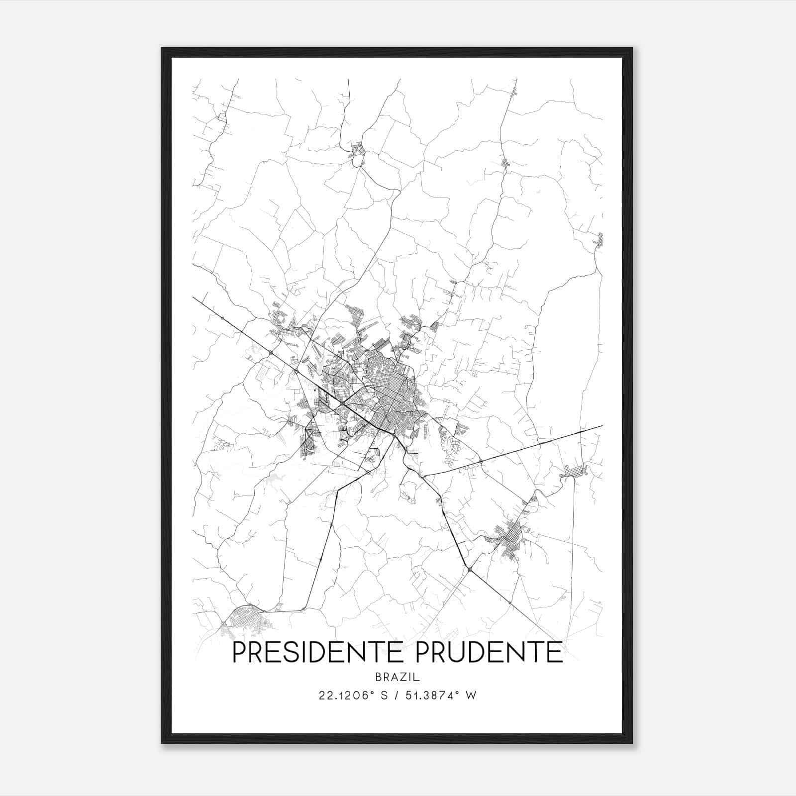 Presidente Prudente Brazil Map Poster, Presidente Prudente City Road Wall Art Print
