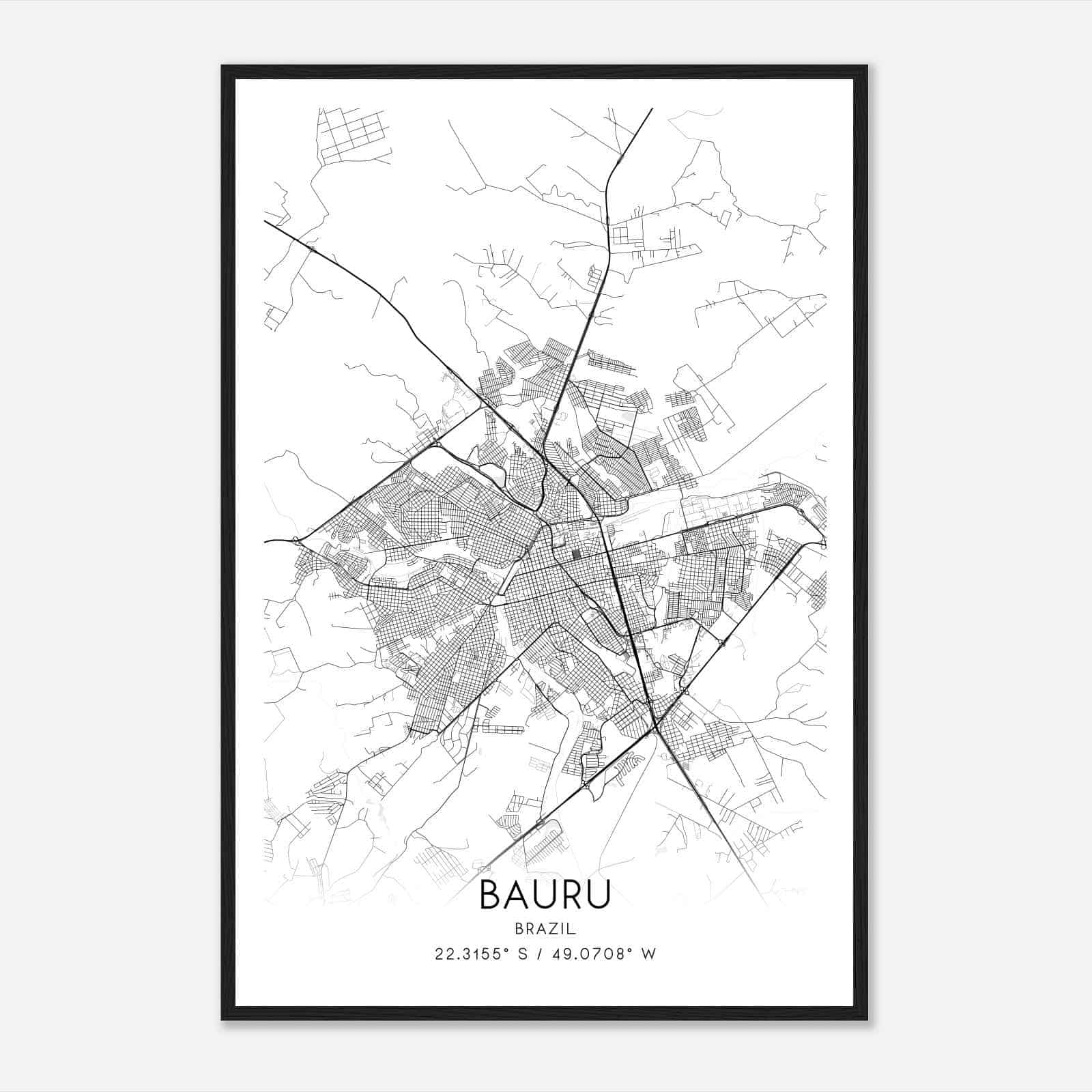 Bauru Brazil Map Poster, Bauru City Road Wall Art Print