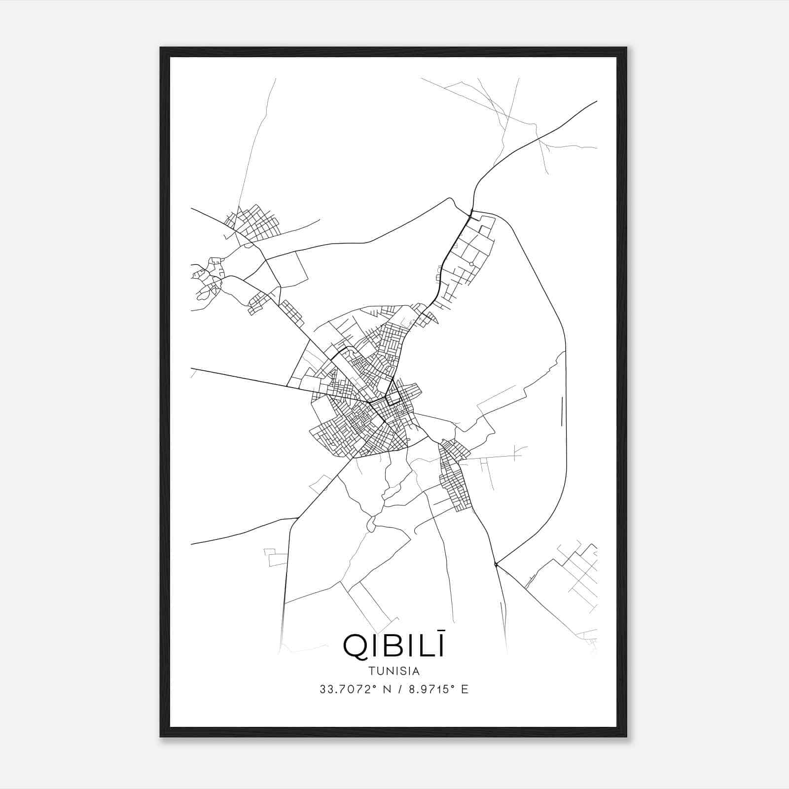 Qibili Tunisia Map Poster, Qibili City Road Wall Art Print