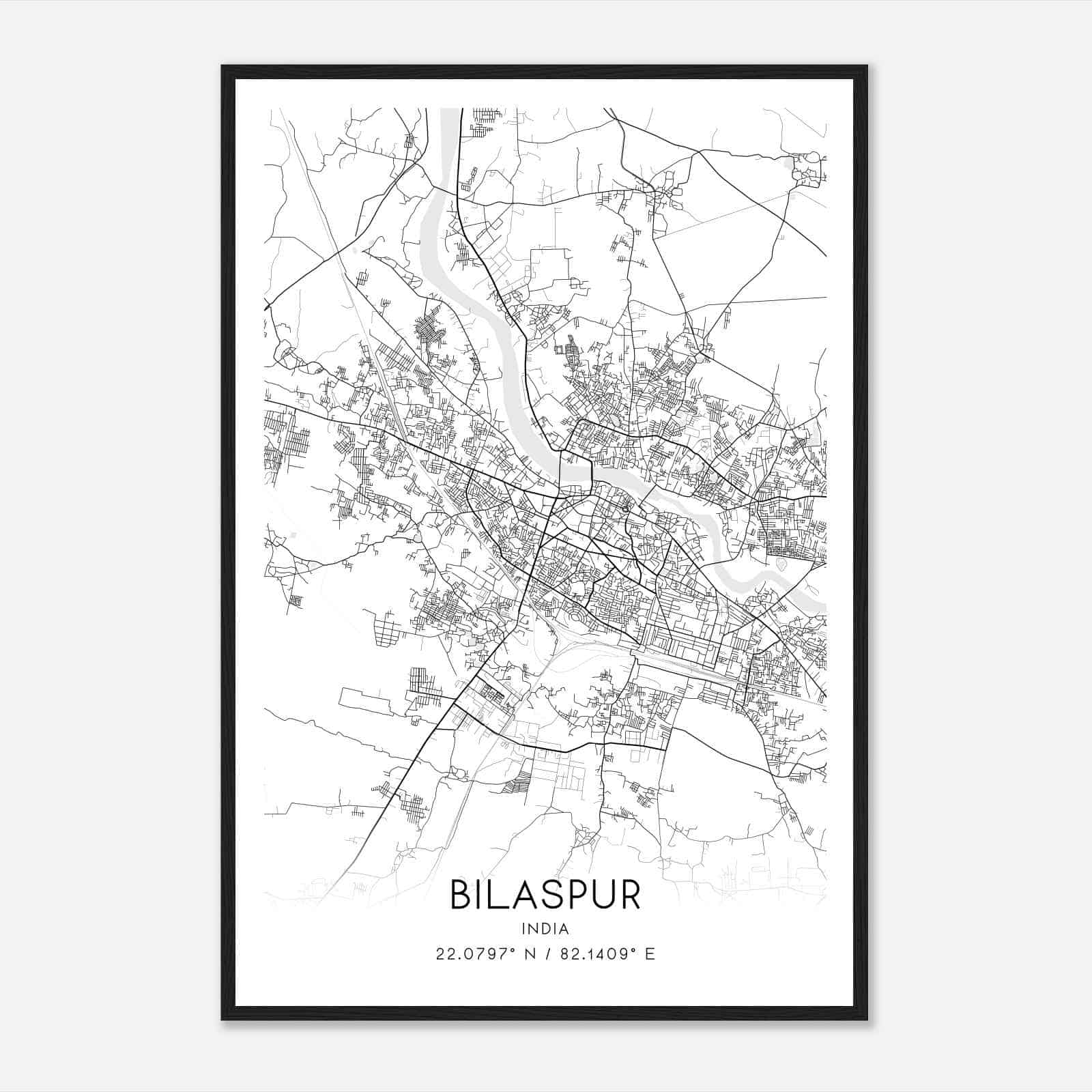 Bilaspur India Map Poster, Bilaspur City Road Wall Art Print
