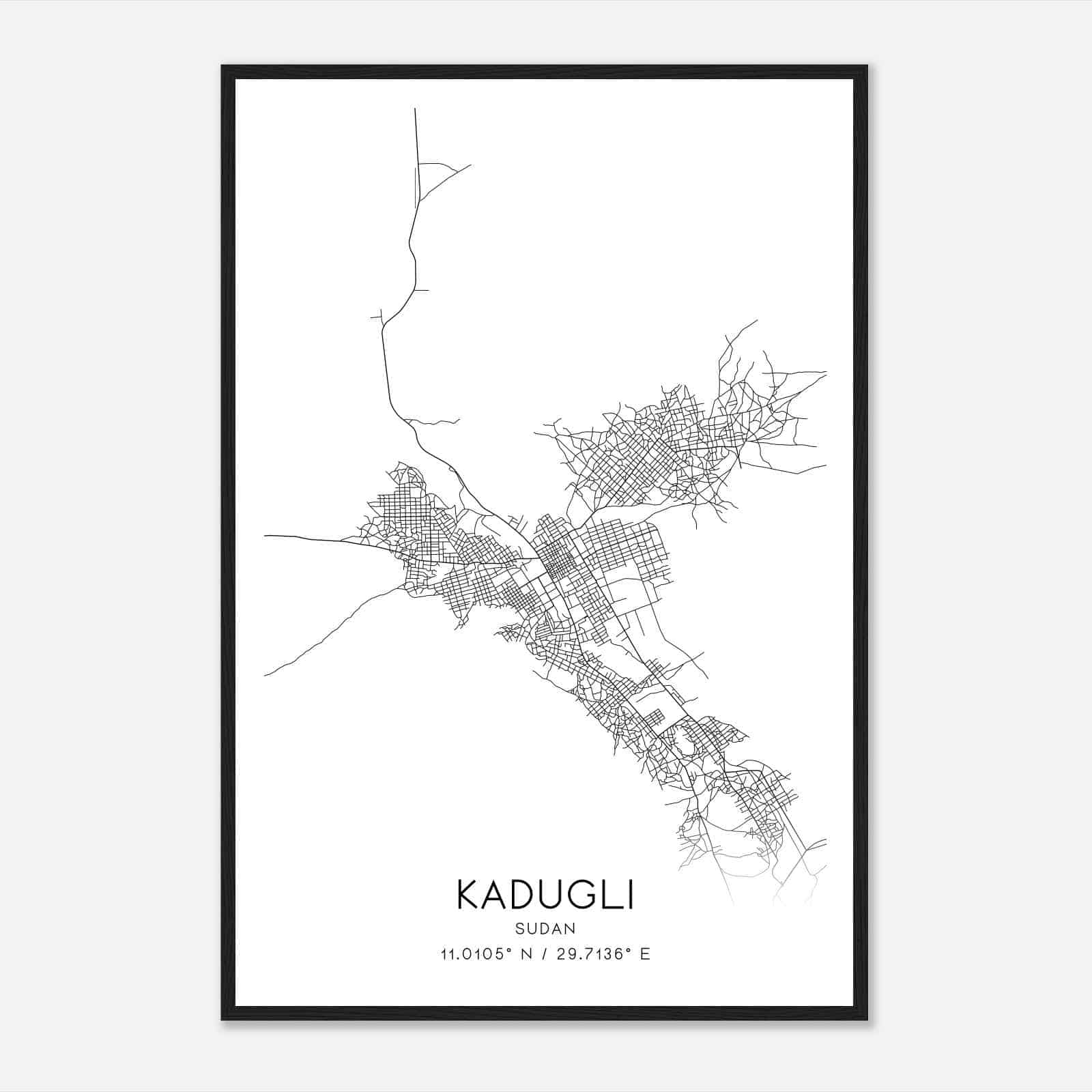 Kadugli Sudan Map Poster, Kadugli City Road Wall Art Print