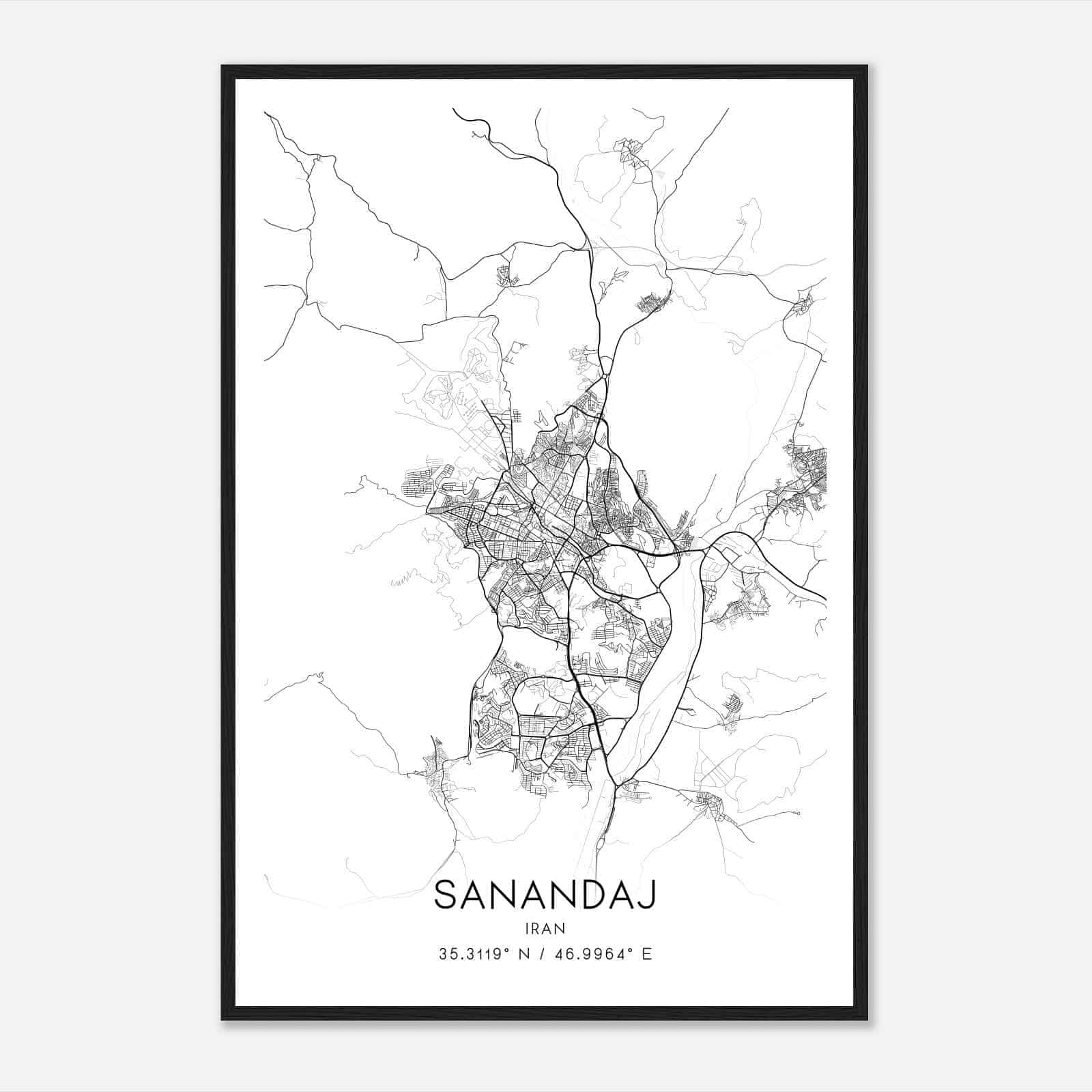 Sanandaj Iran Map Poster, Sanandaj City Road Wall Art Print