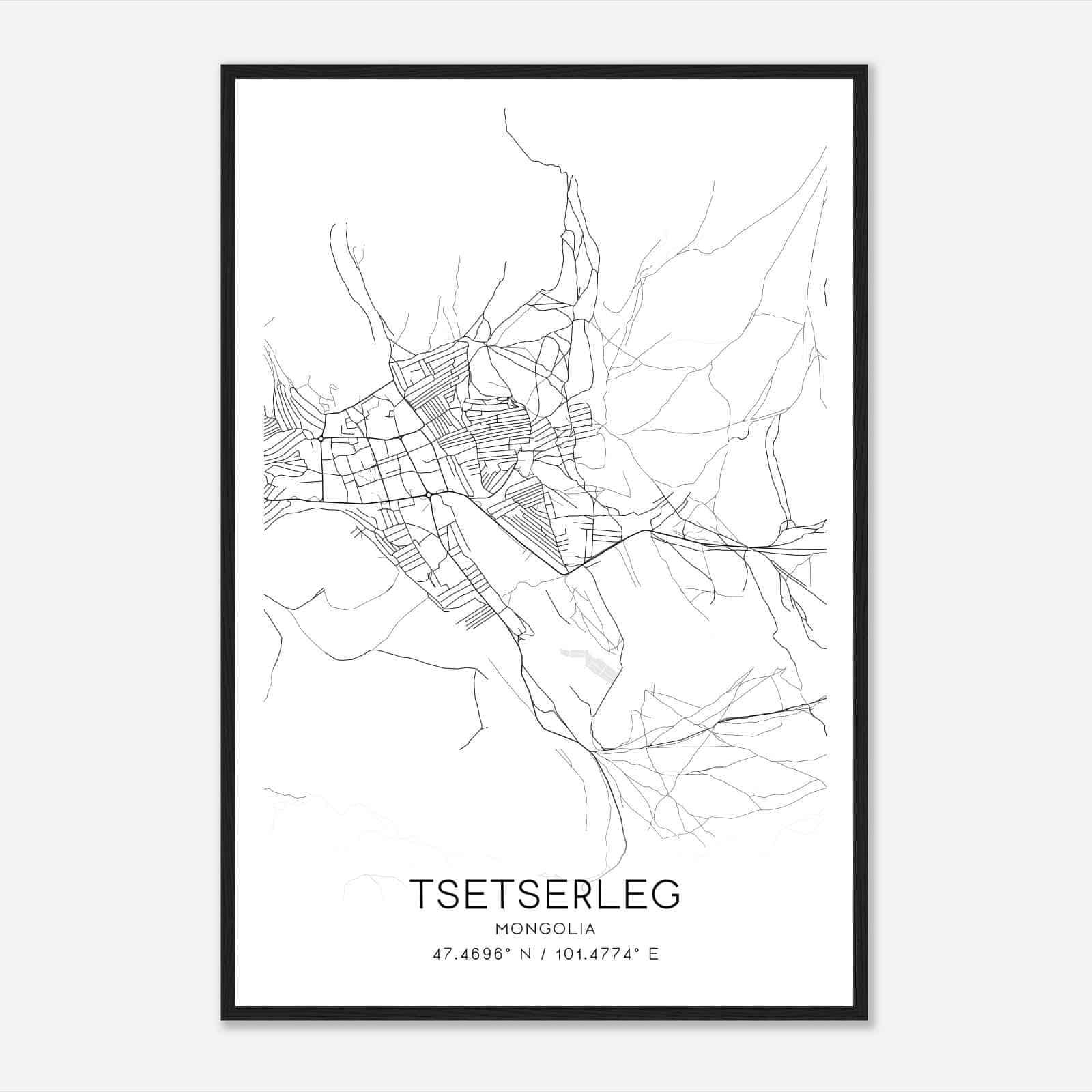 Tsetserleg Mongolia Map Poster, Tsetserleg City Road Wall Art Print