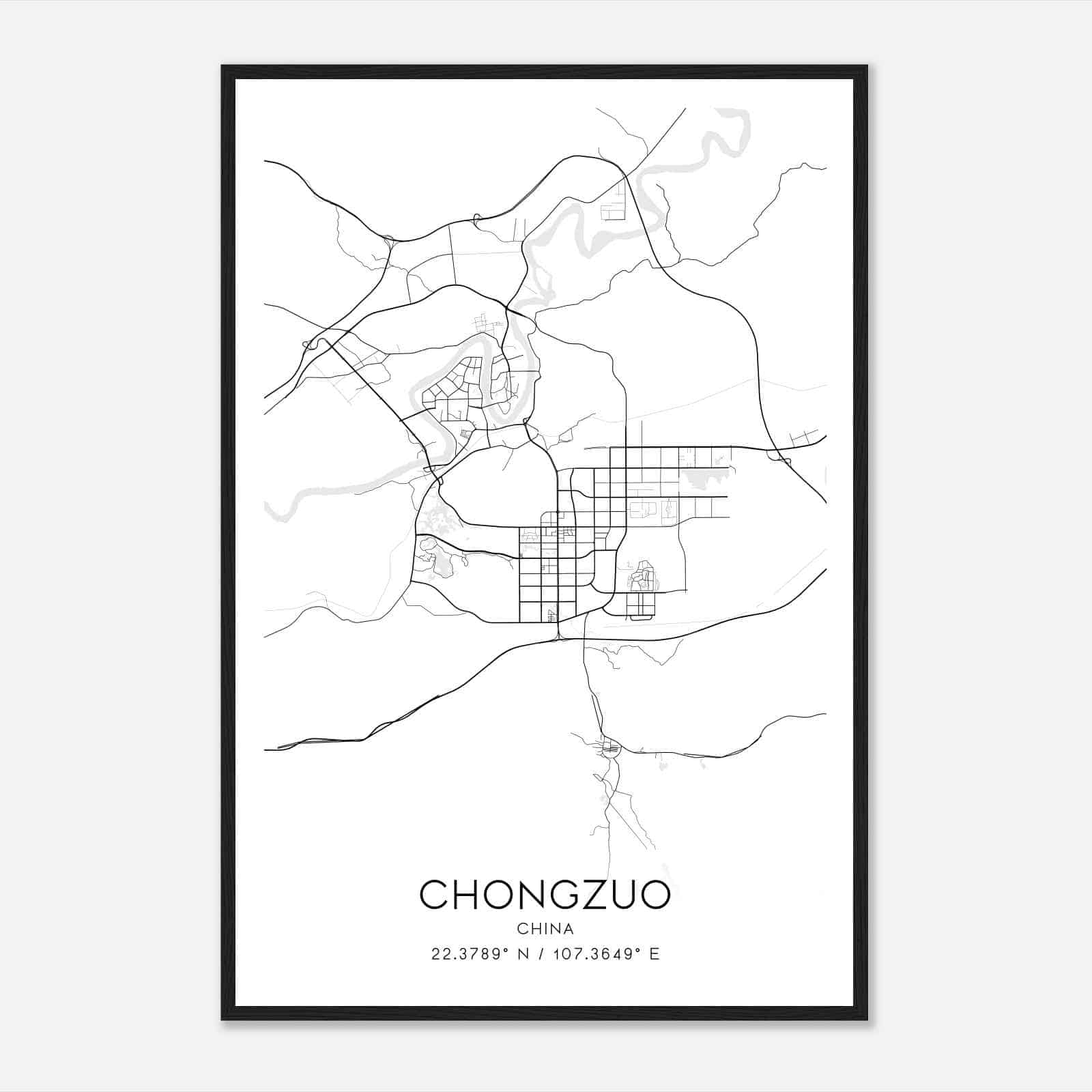 Chongzuo China Map Poster, Chongzuo City Road Wall Art Print