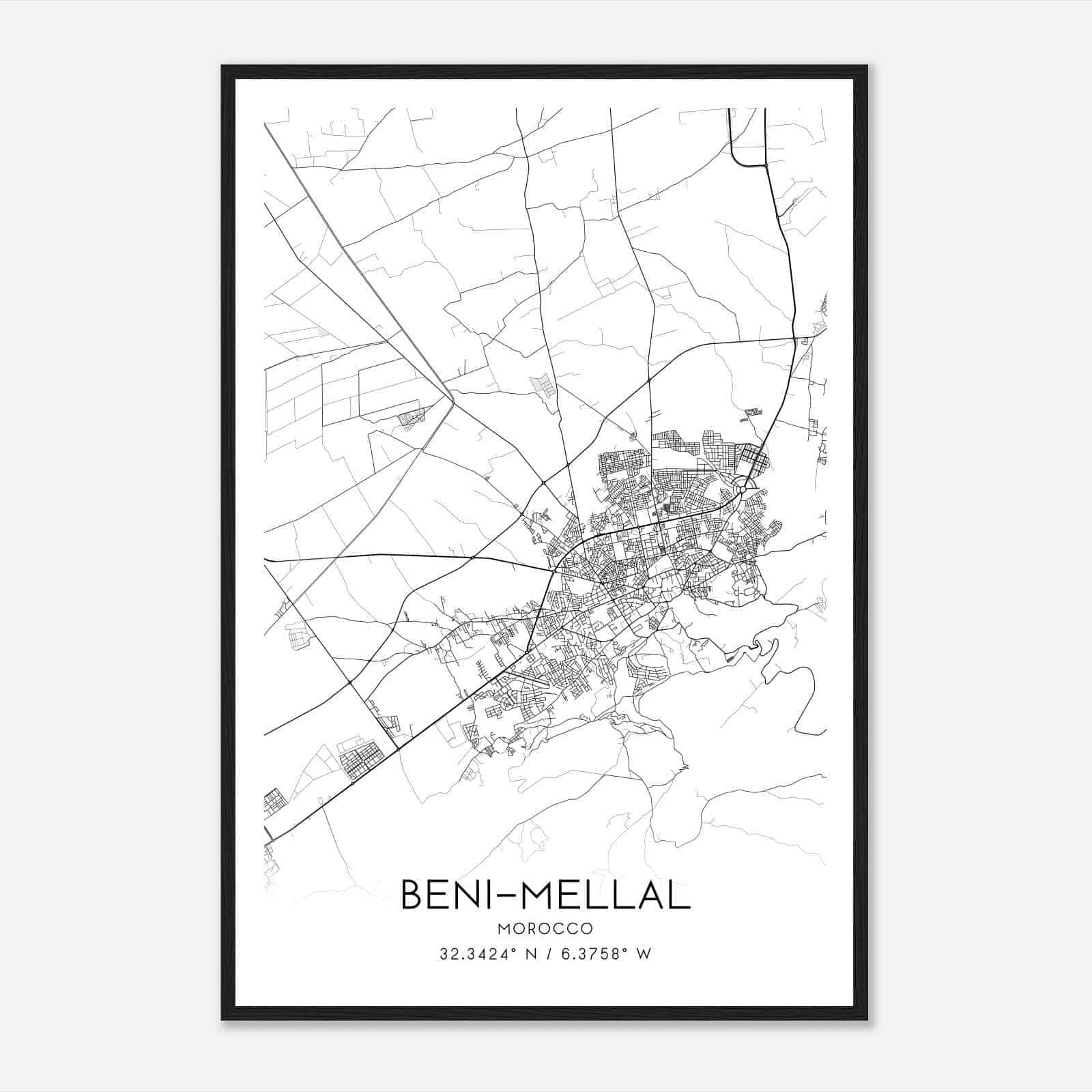 BeniMellal Morocco Map Poster, BeniMellal City Road Wall Art Print