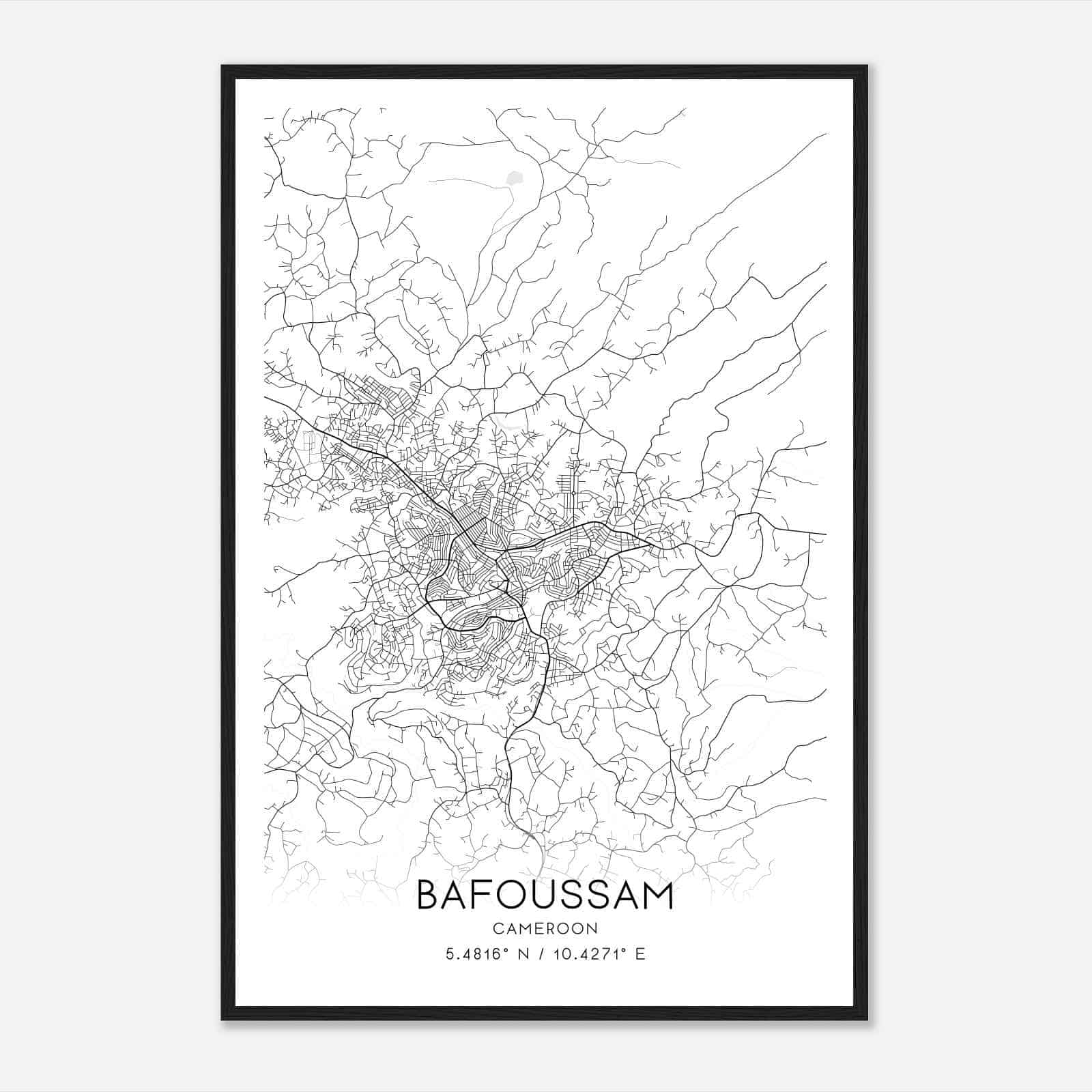 Bafoussam Cameroon Map Poster, Bafoussam City Road Wall Art Print