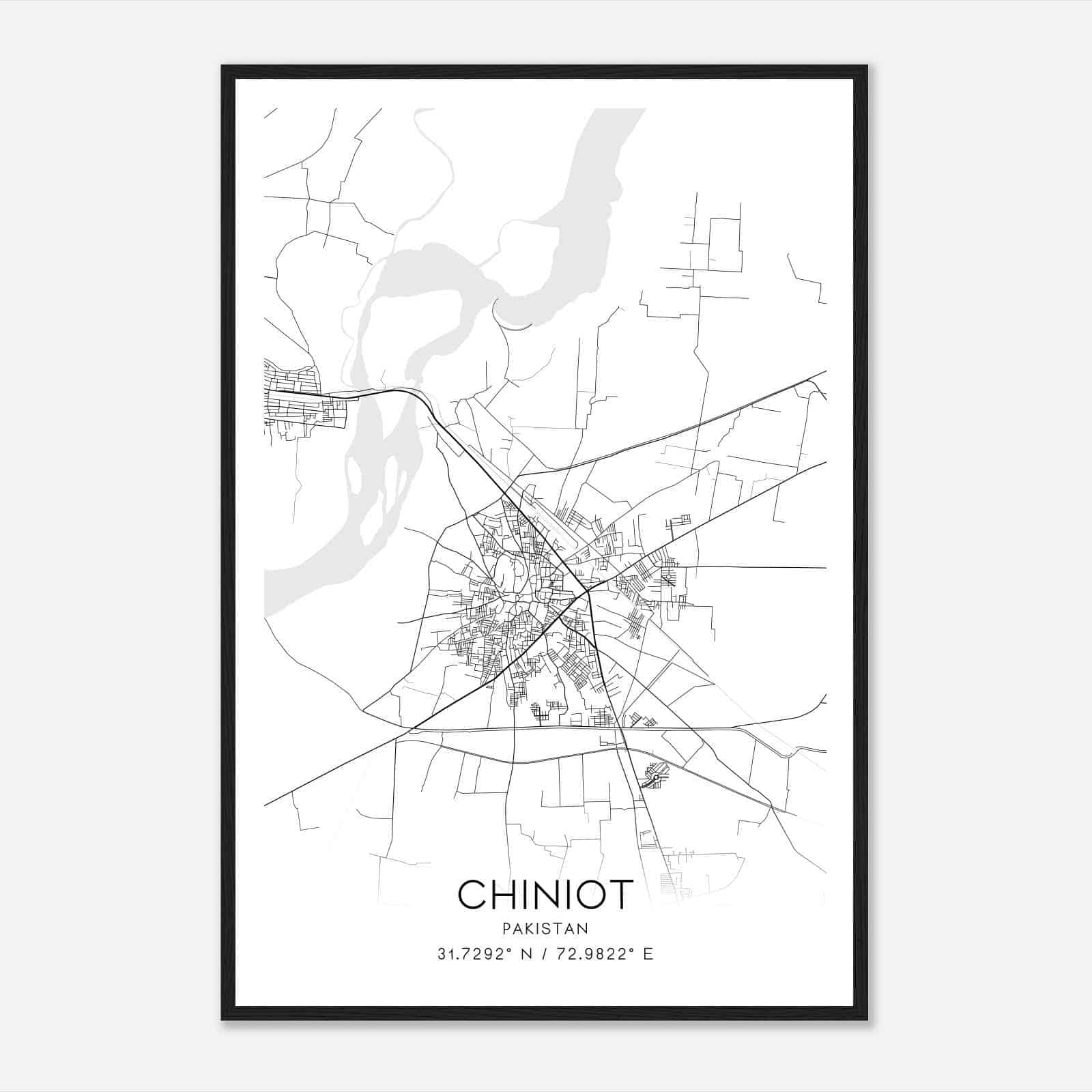 Chiniot Pakistan Map Poster, Chiniot City Road Wall Art Print