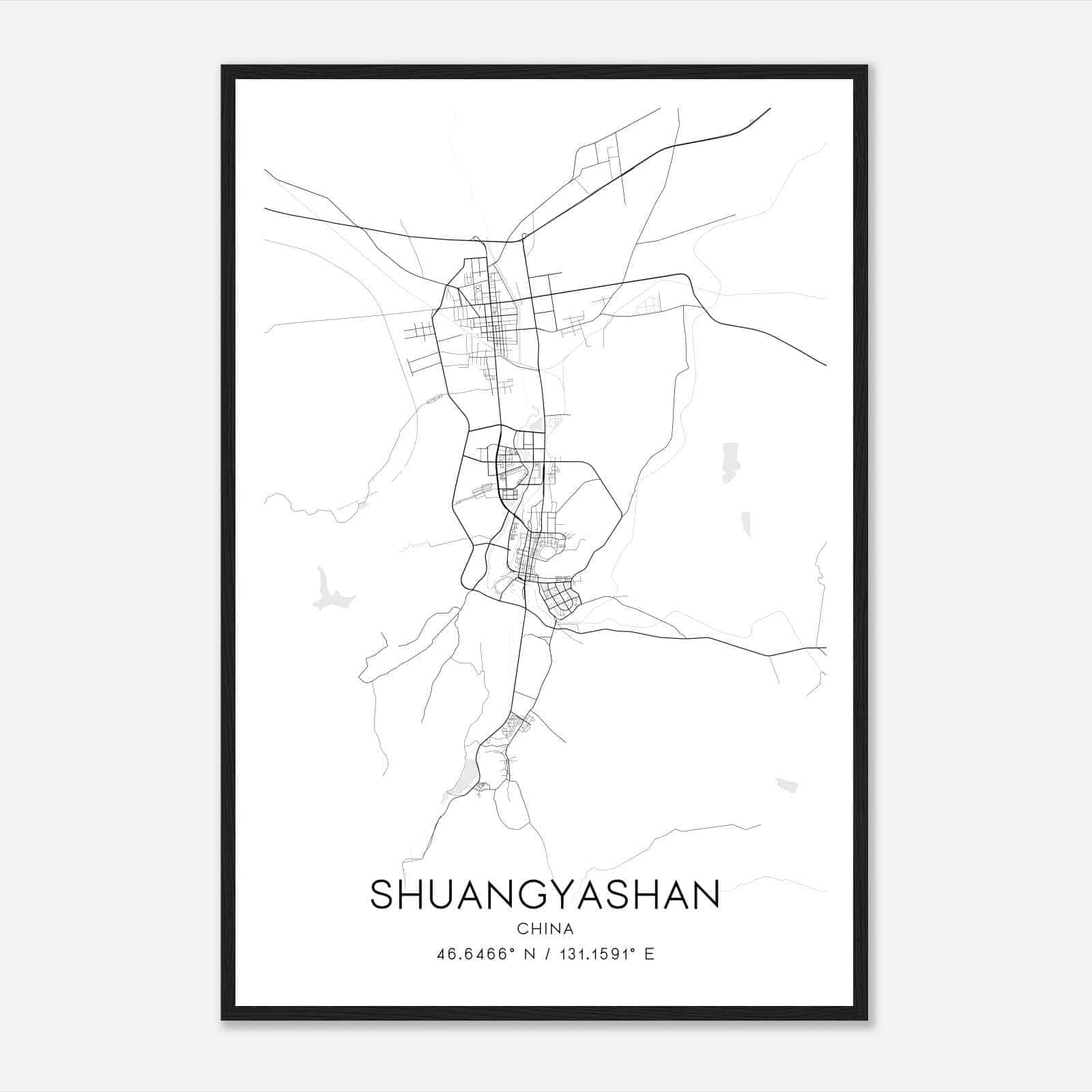Shuangyashan China Map Poster, Shuangyashan City Road Wall Art Print