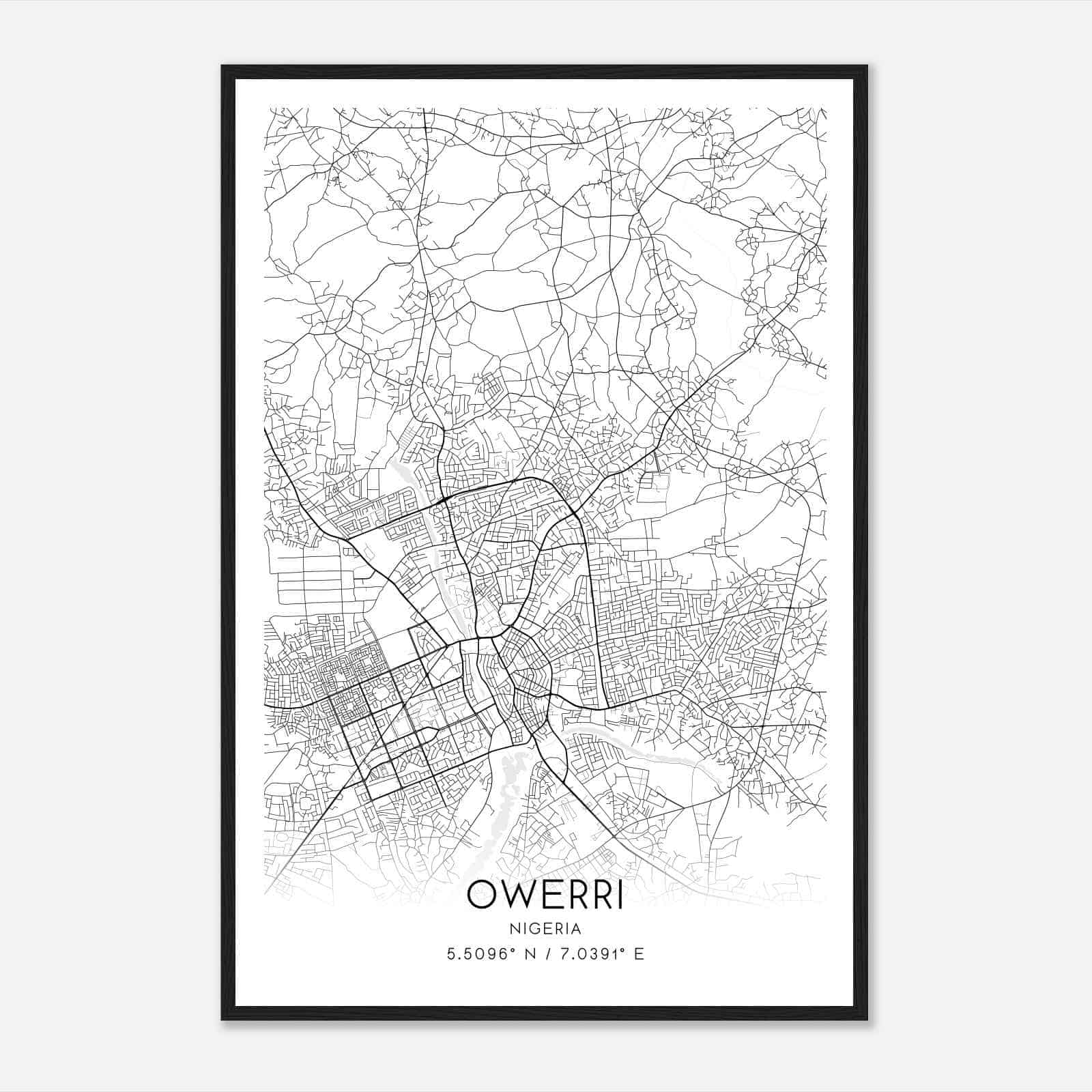 Owerri Nigeria Map Poster, Owerri City Road Wall Art Print