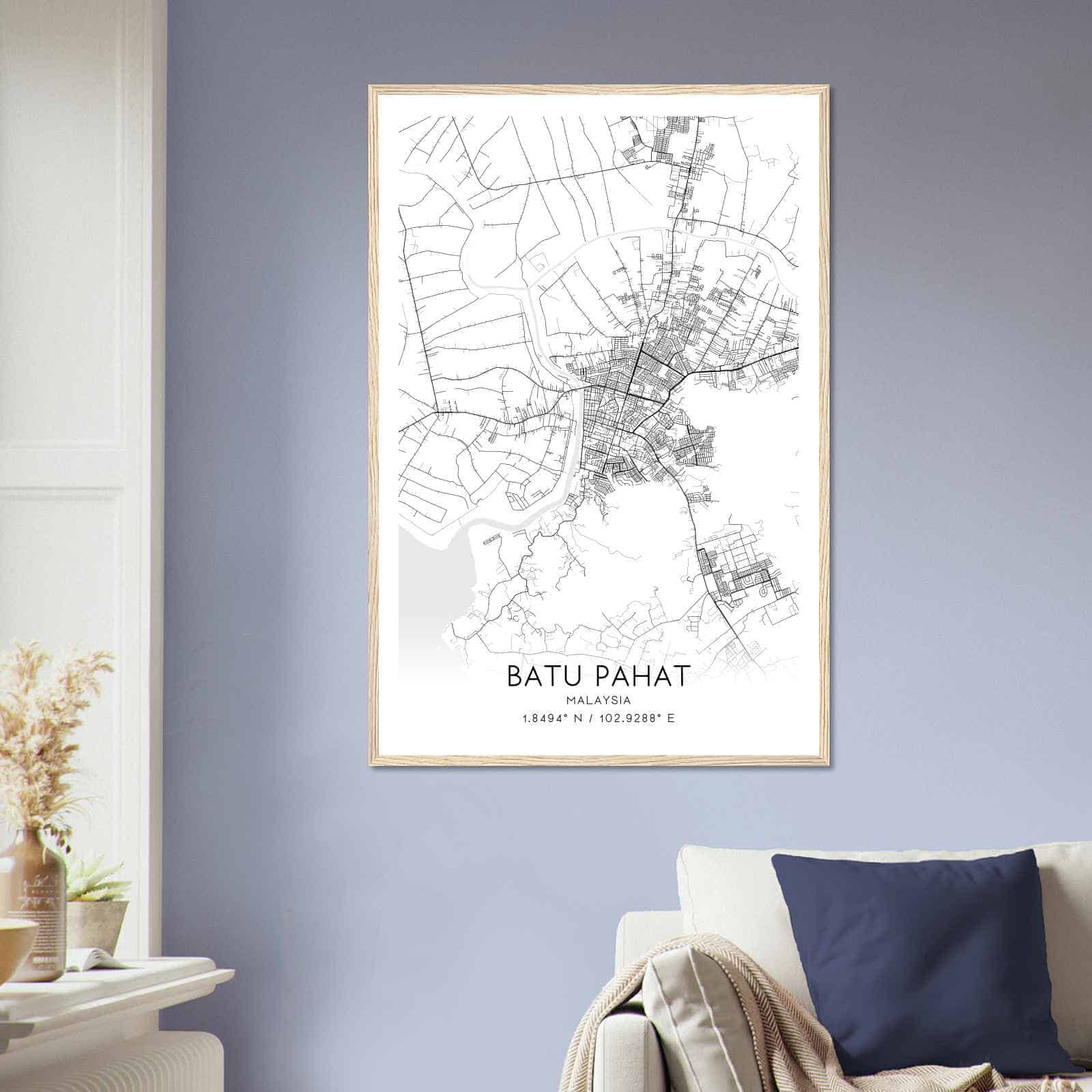 Batu Pahat Malaysia Map Poster, Batu Pahat City Road Wall Art Print