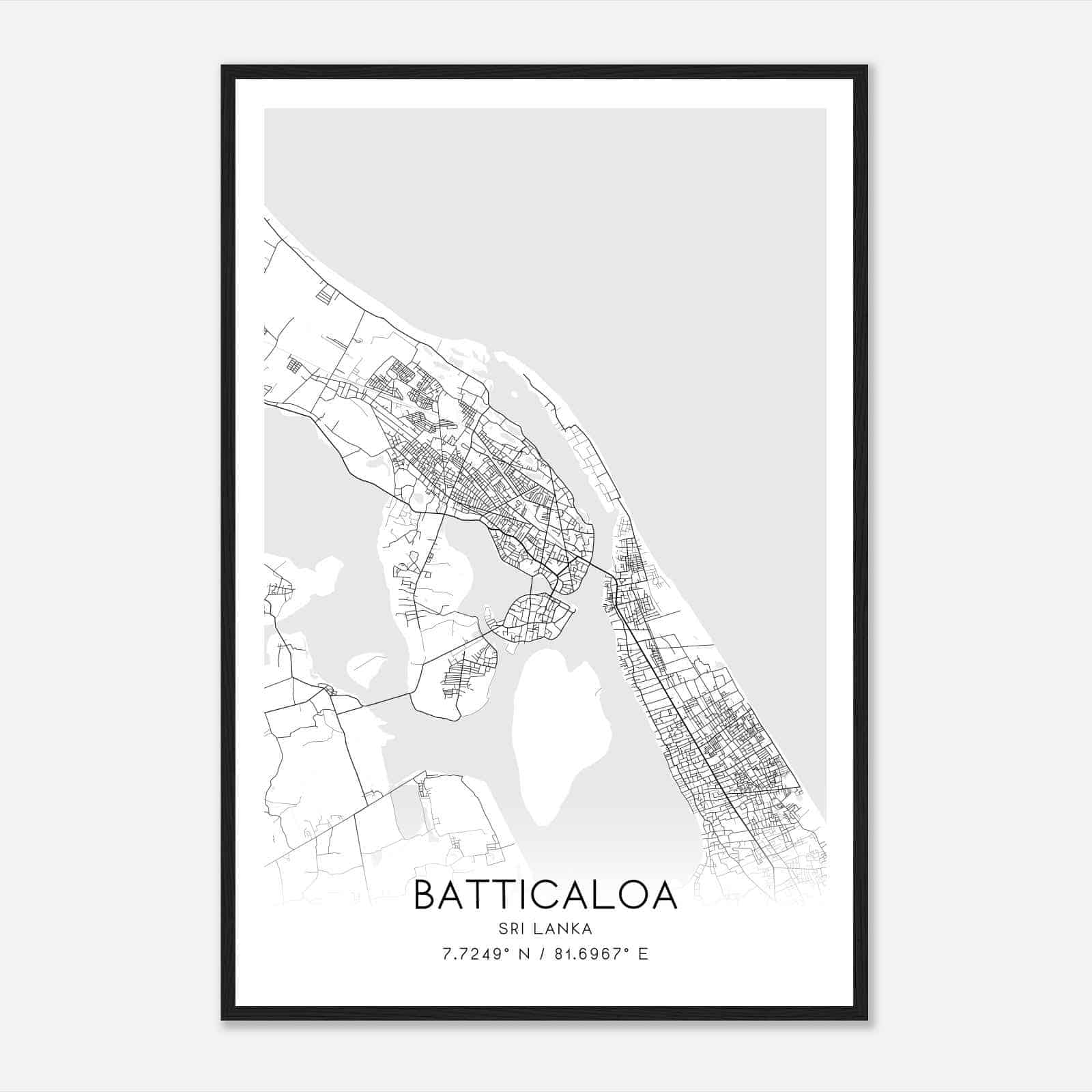 Batticaloa Sri Lanka Map Poster, Batticaloa City Road Wall Art Print