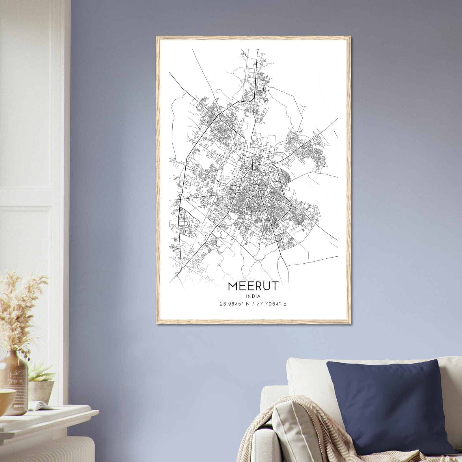 Meerut India Map Poster, Meerut City Road Wall Art Print