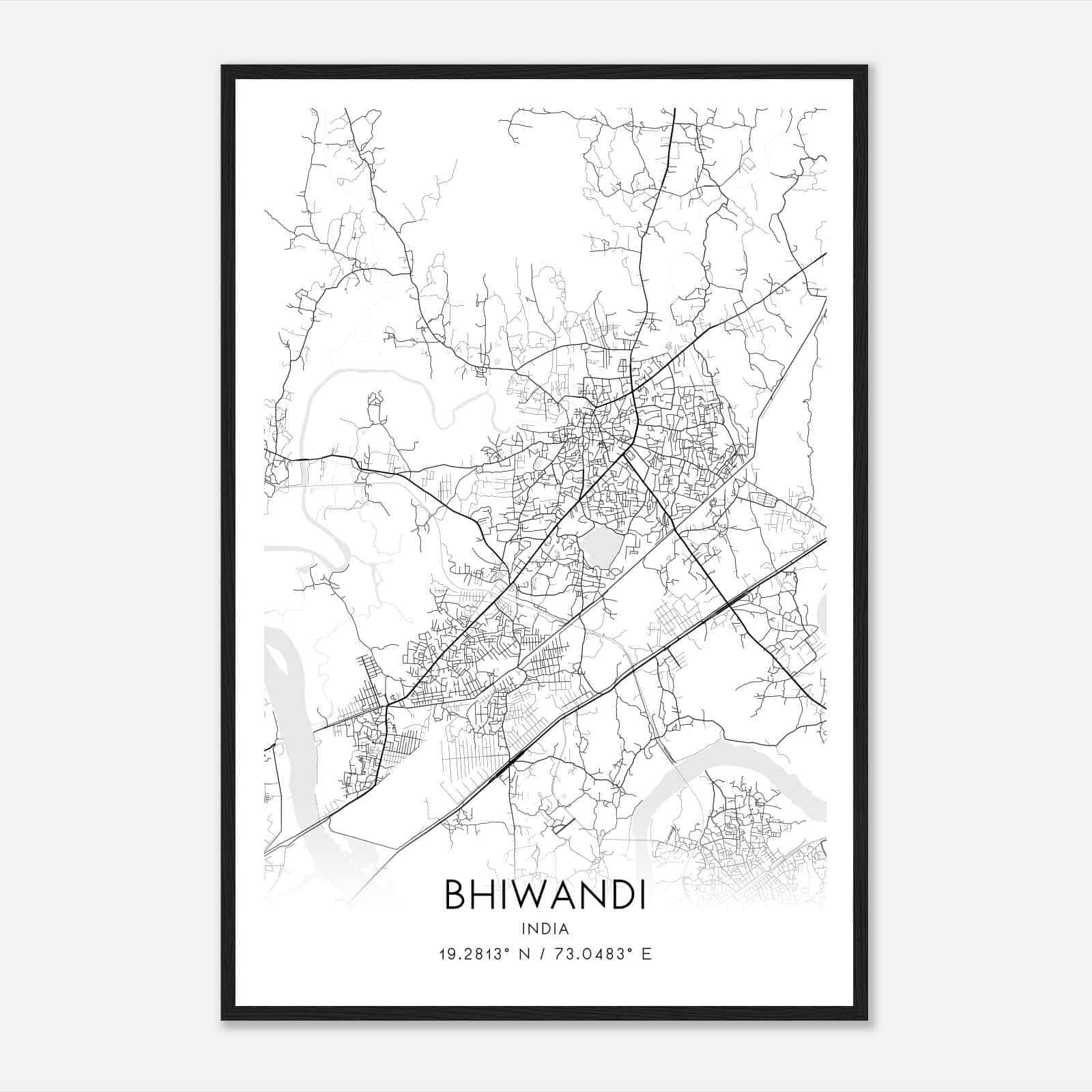 Bhiwandi India Map Poster, Bhiwandi City Road Wall Art Print