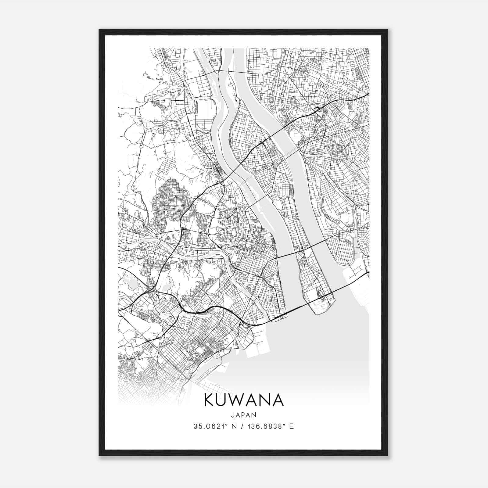 Kuwana Japan Map Poster, Kuwana City Road Wall Art Print