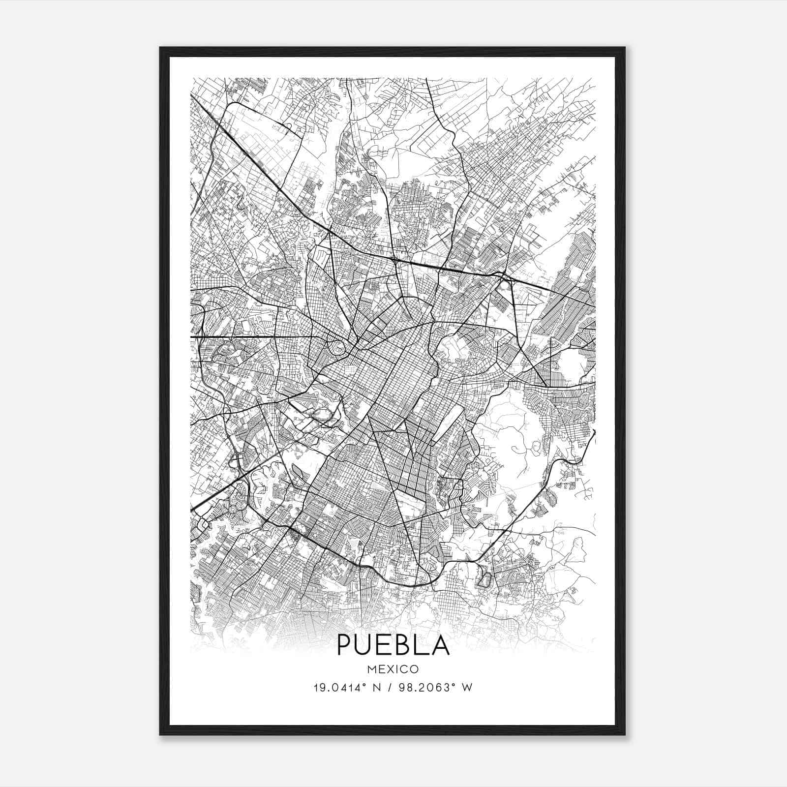 Puebla Mexico Map Poster, Puebla City Road Wall Art Print
