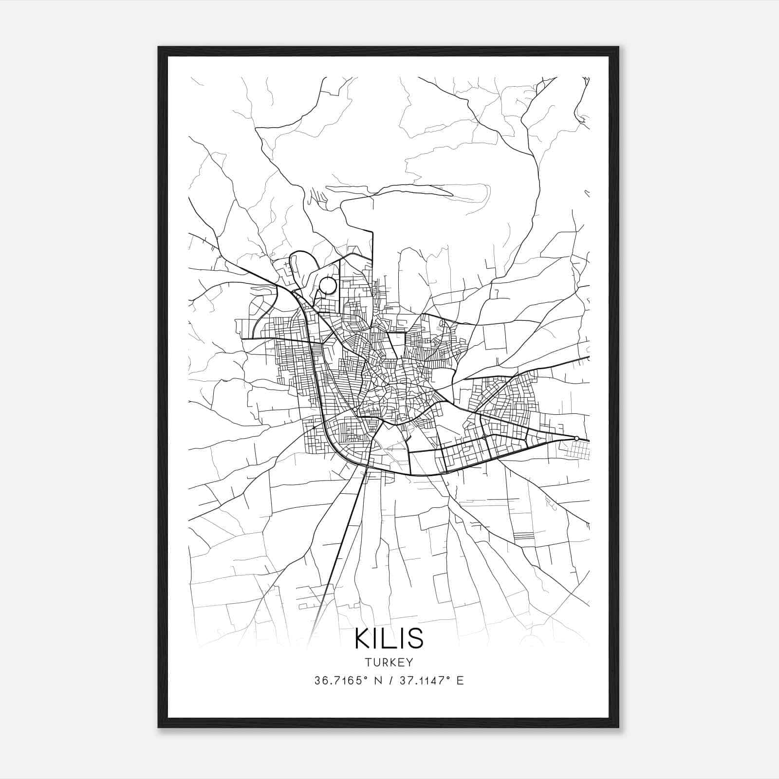 Kilis Turkey Map Poster, Kilis City Road Wall Art Print