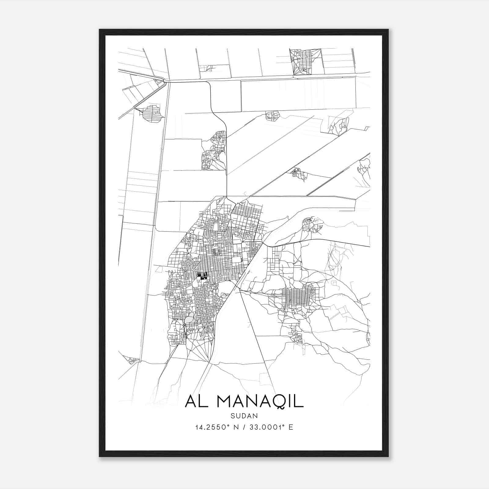 Al Manaqil Sudan Map Poster, Al Manaqil City Road Wall Art Print