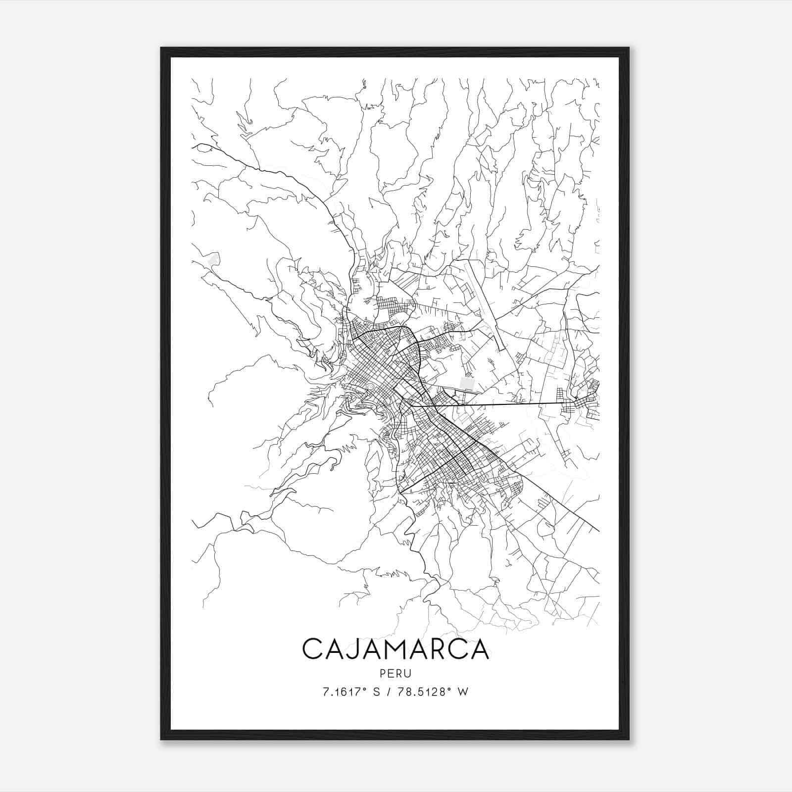 Cajamarca Peru Map Poster, Cajamarca City Road Wall Art Print