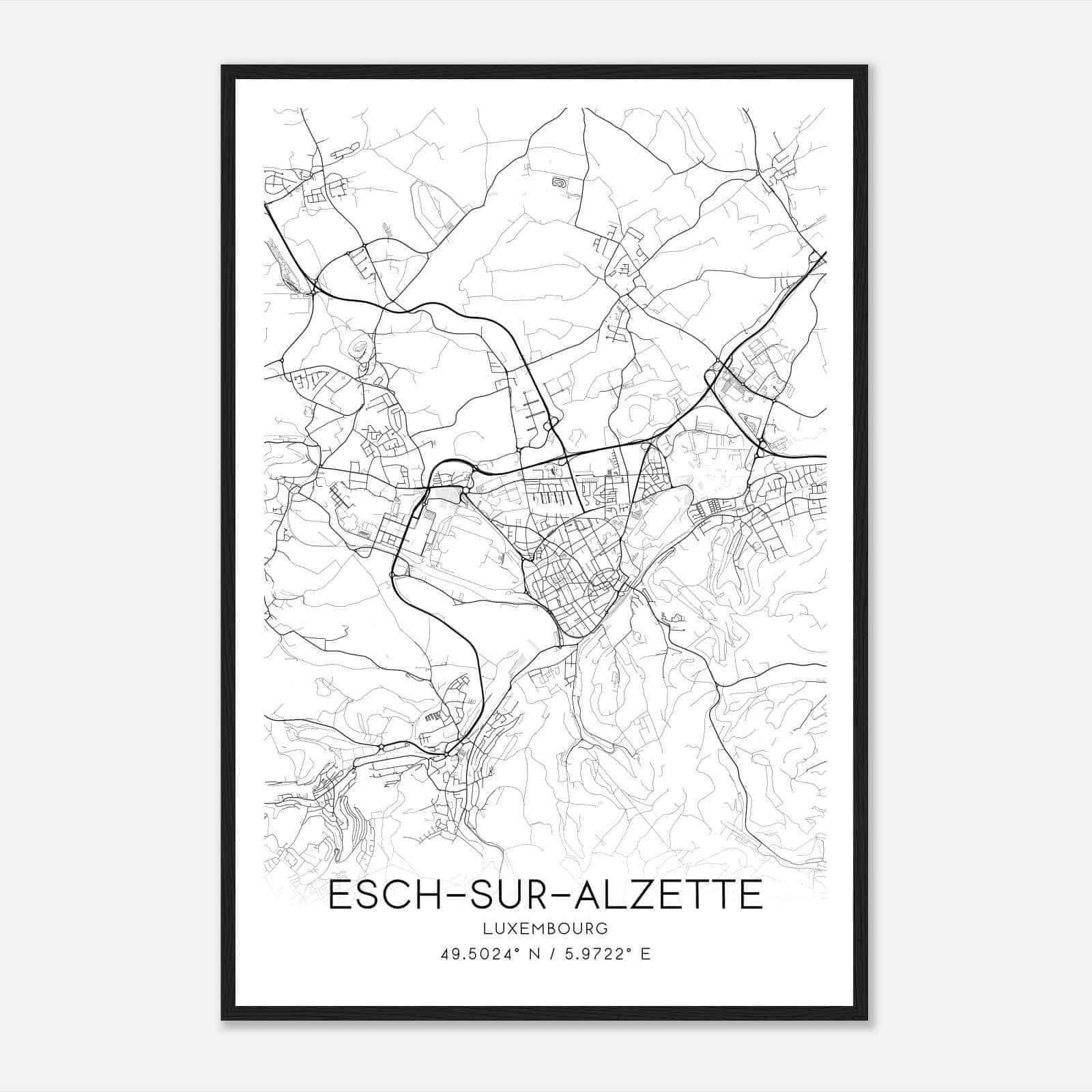 EschsurAlzette Luxembourg Map Poster, EschsurAlzette City Road Wall Art Print