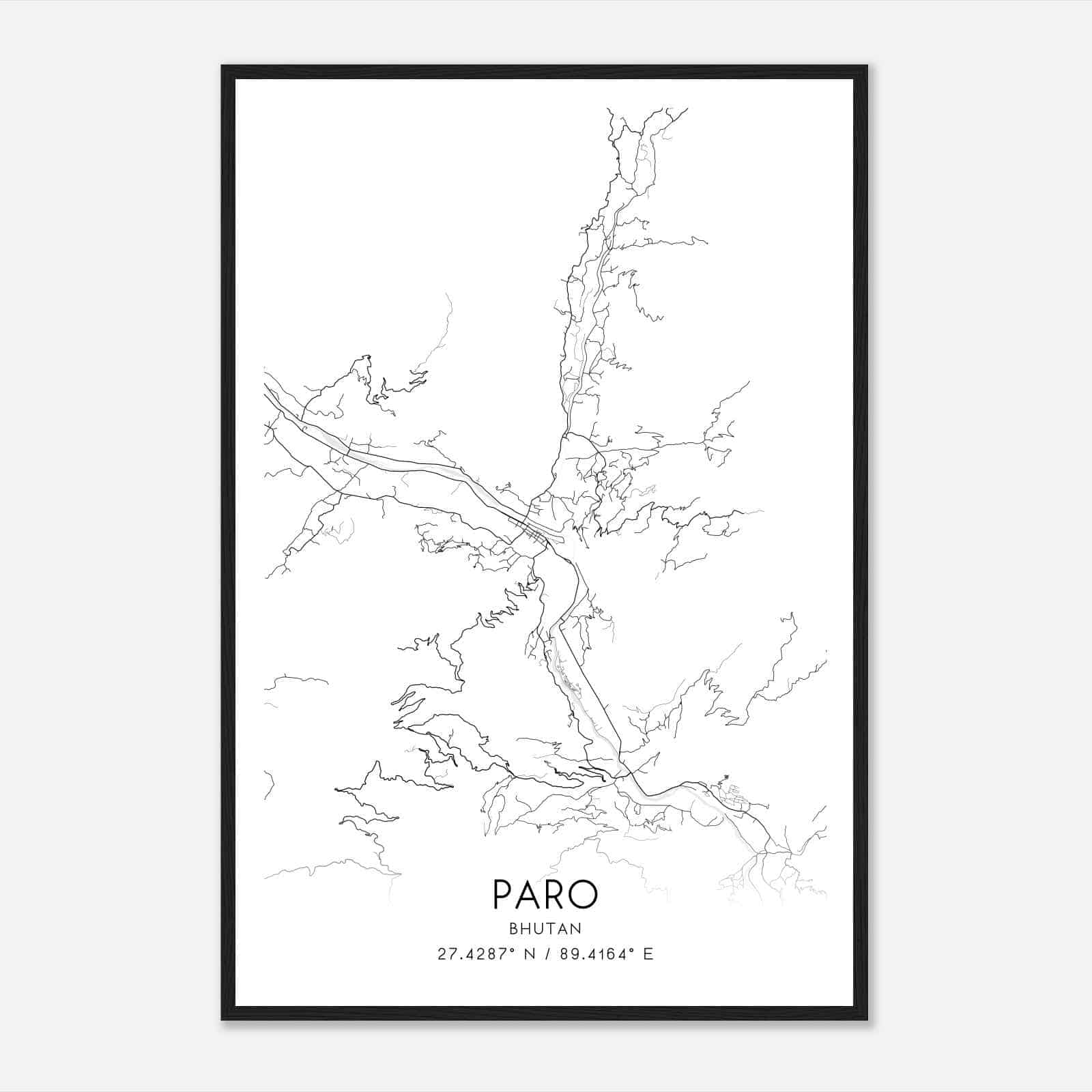 Paro Bhutan Map Poster, Paro City Road Wall Art Print