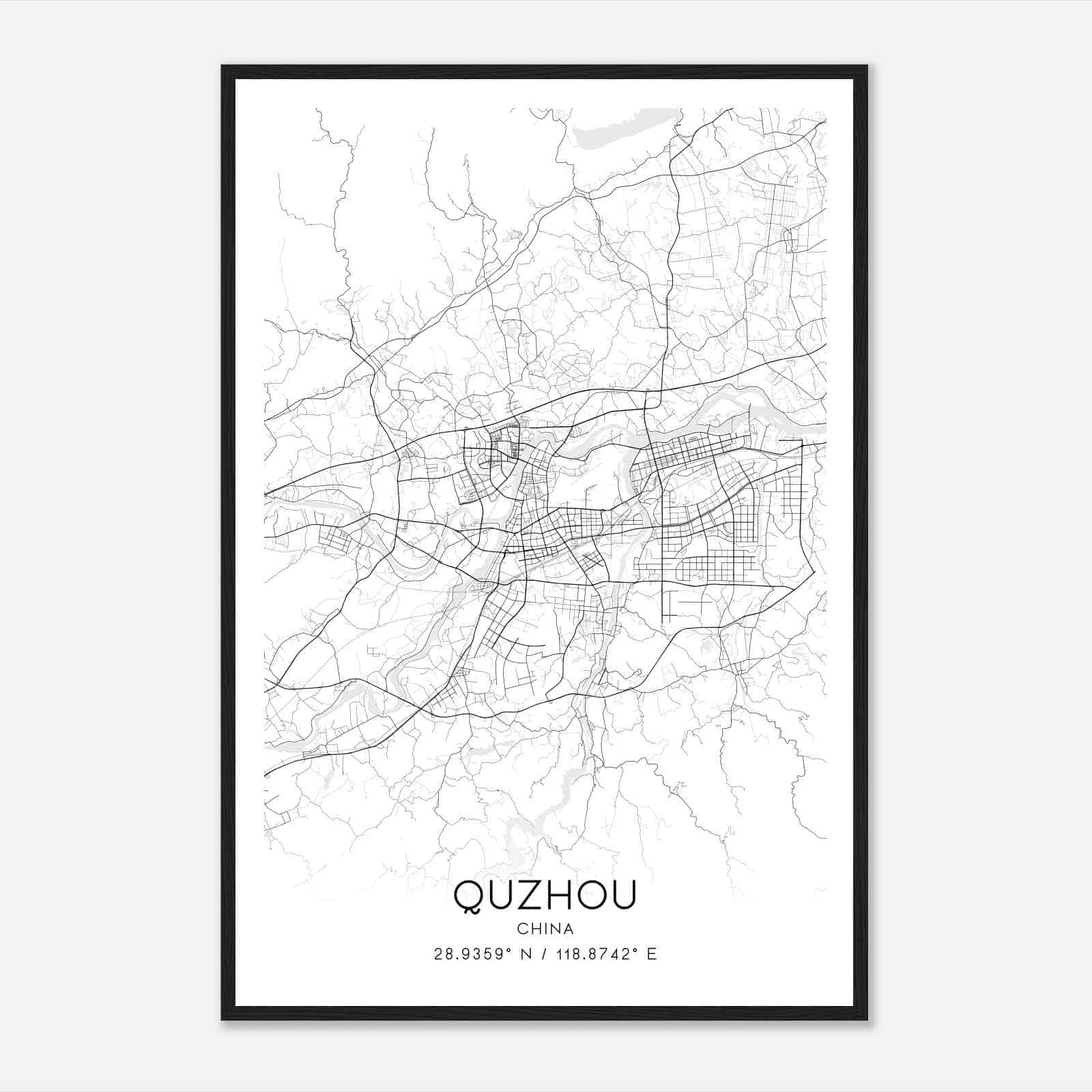 Quzhou China Map Poster, Quzhou City Road Wall Art Print