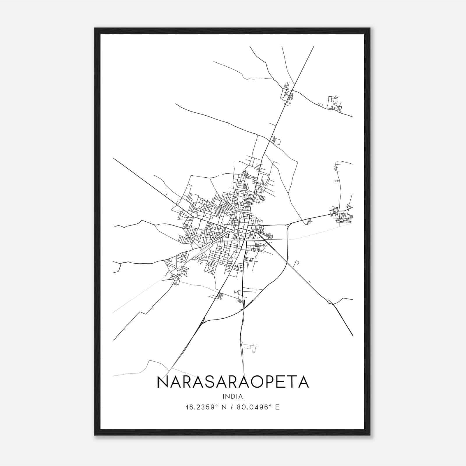 Narasaraopeta India Map Poster, Narasaraopeta City Road Wall Art Print