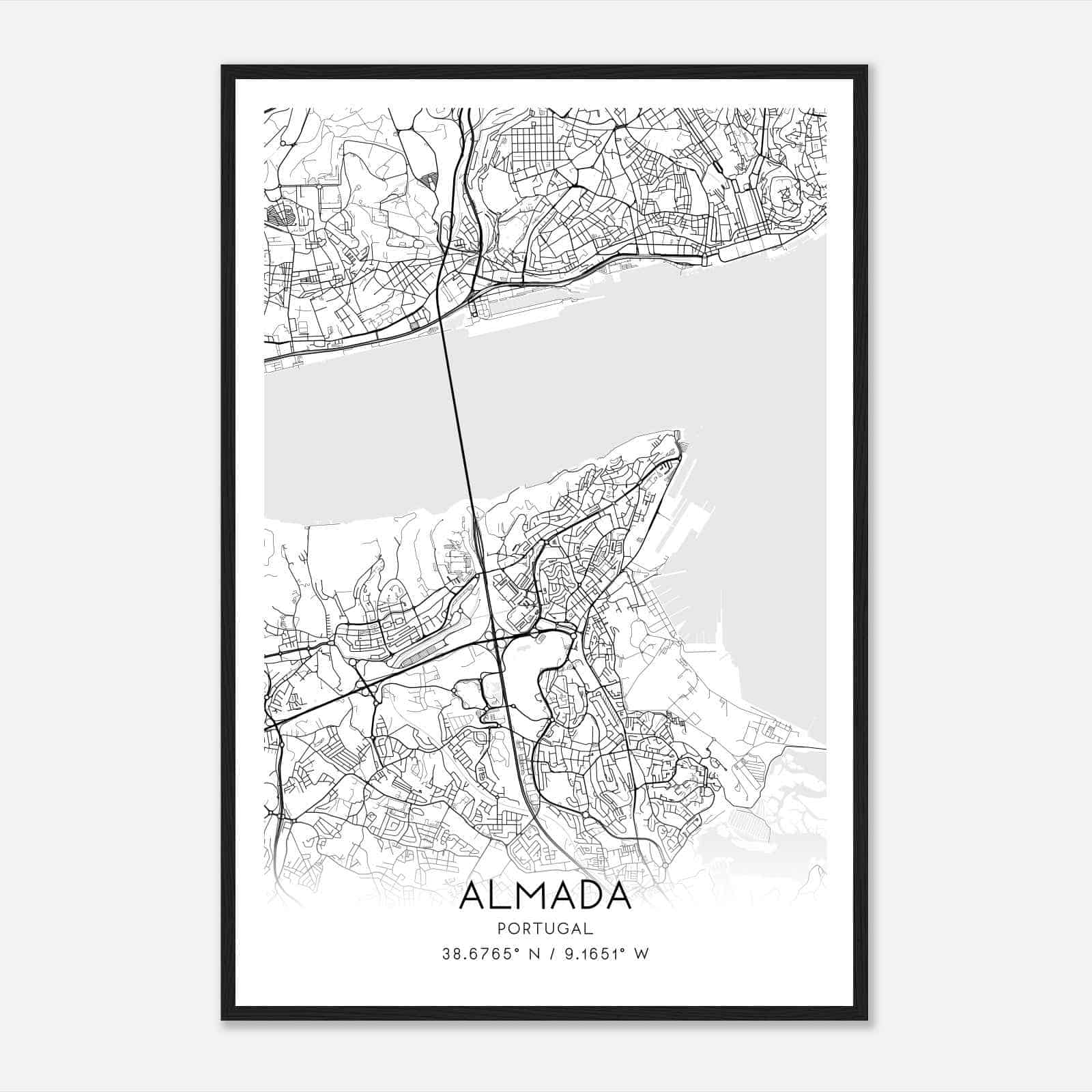 Almada Portugal Map Poster, Almada City Road Wall Art Print