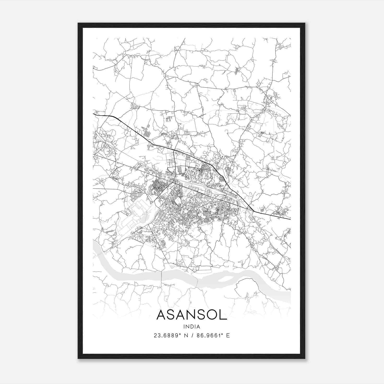 Asansol India Map Poster, Asansol City Road Wall Art Print