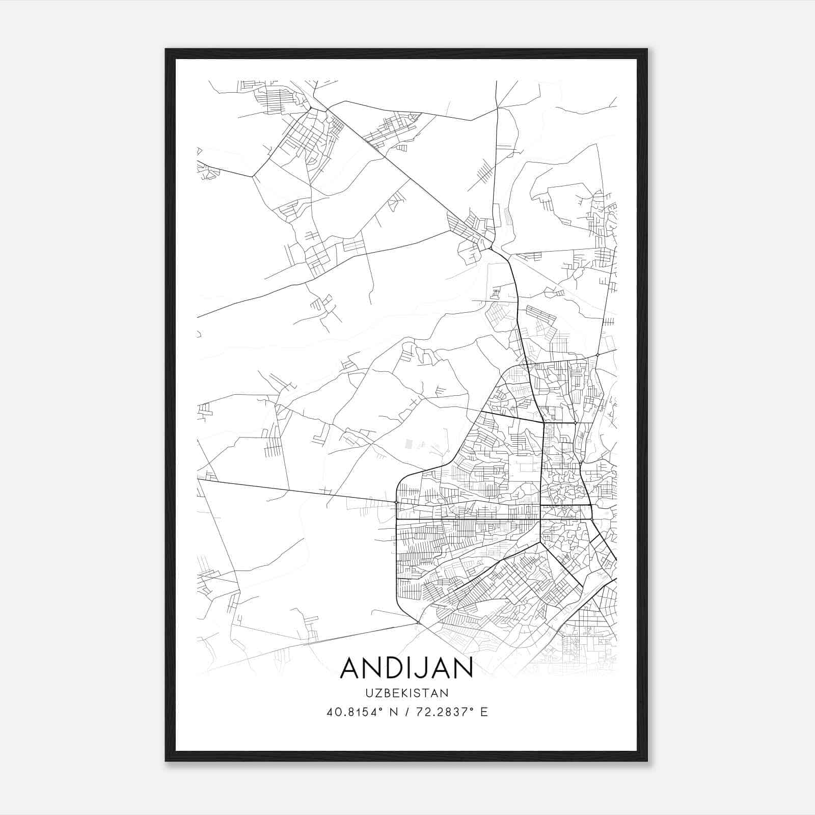 Andijan Uzbekistan Map Poster, Andijan City Road Wall Art Print