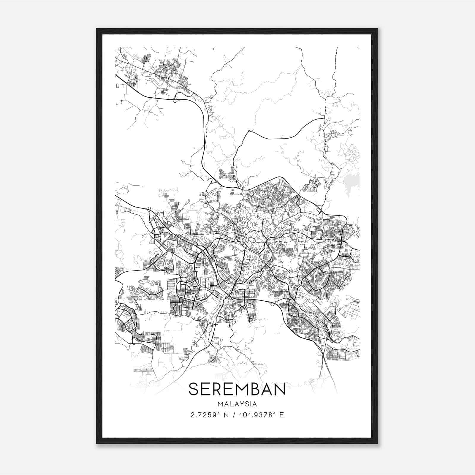 Seremban Malaysia Map Poster, Seremban City Road Wall Art Print