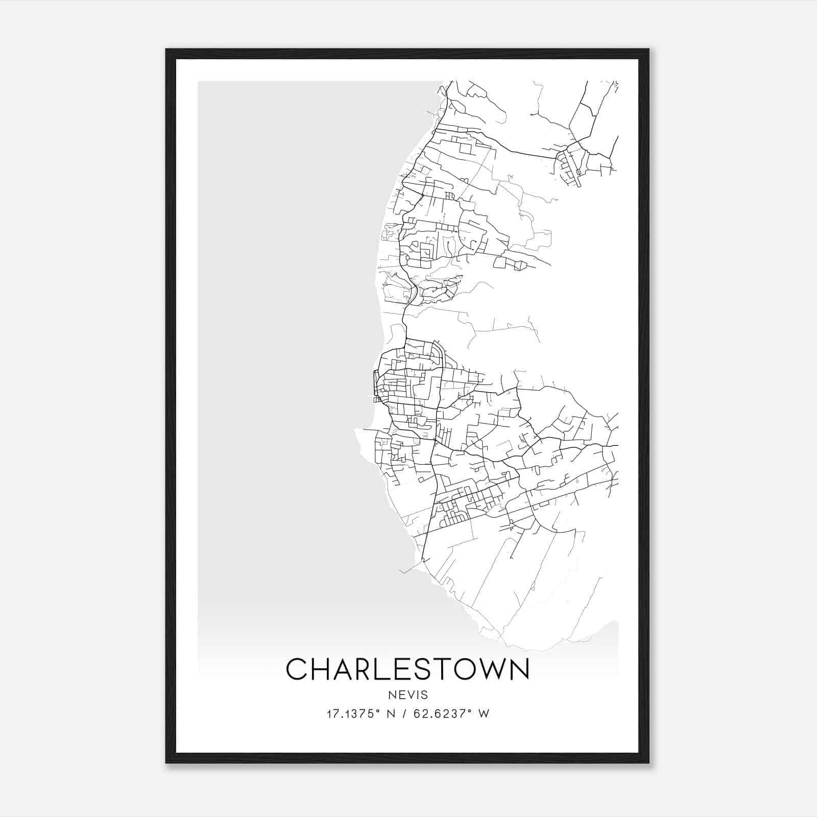 Charlestown Nevis Map Poster, Charlestown City Road Wall Art Print