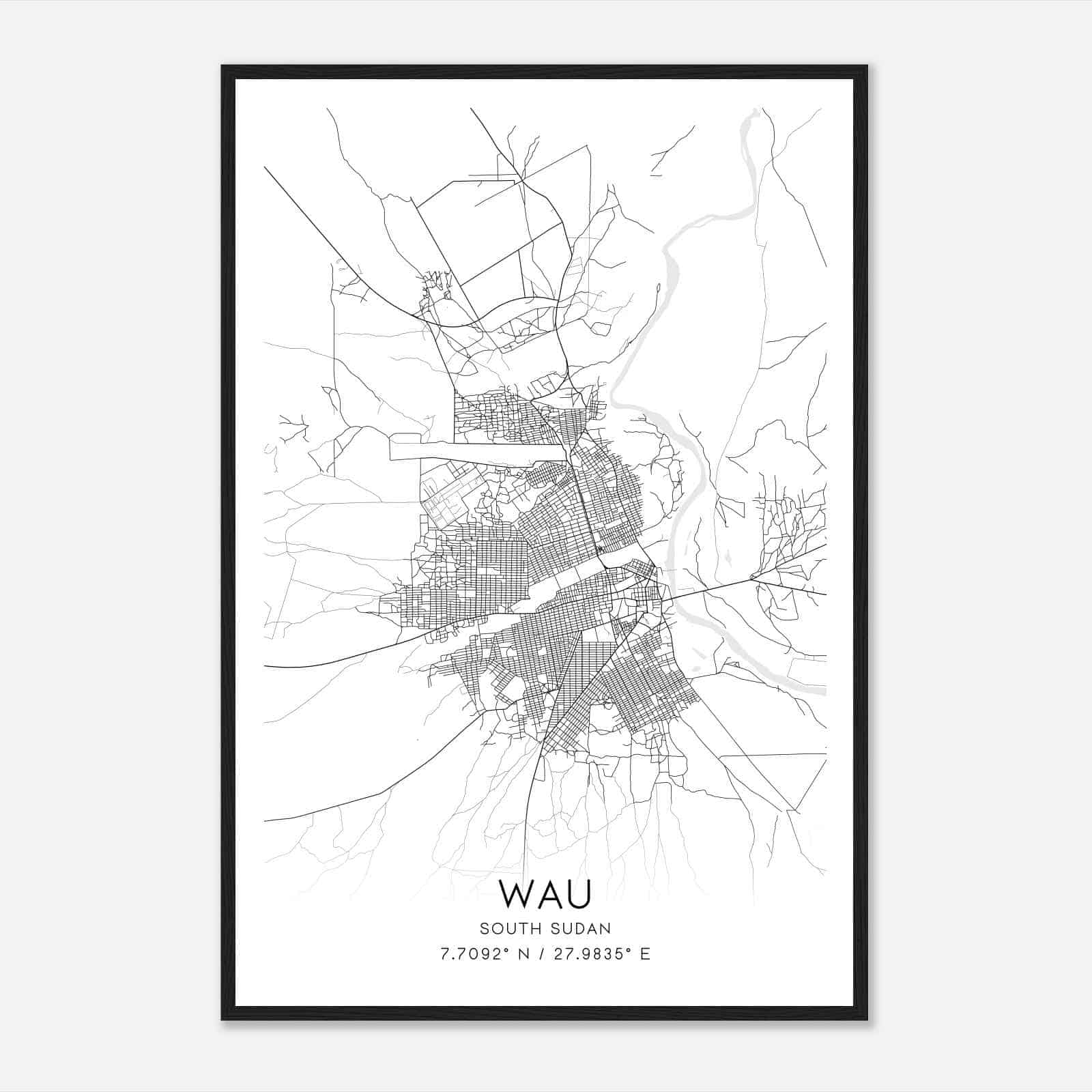 Wau South Sudan Map Poster, Wau City Road Wall Art Print