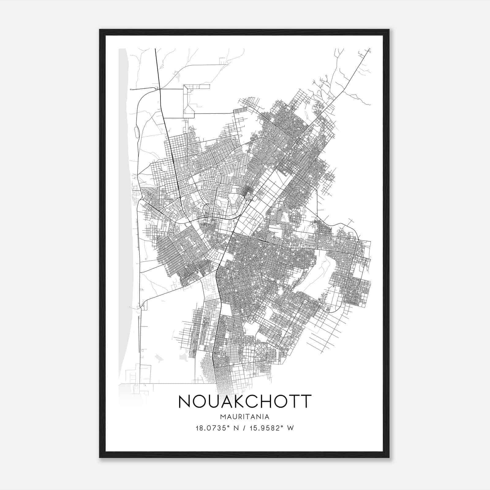 Nouakchott Mauritania Map Poster, Nouakchott City Road Wall Art Print