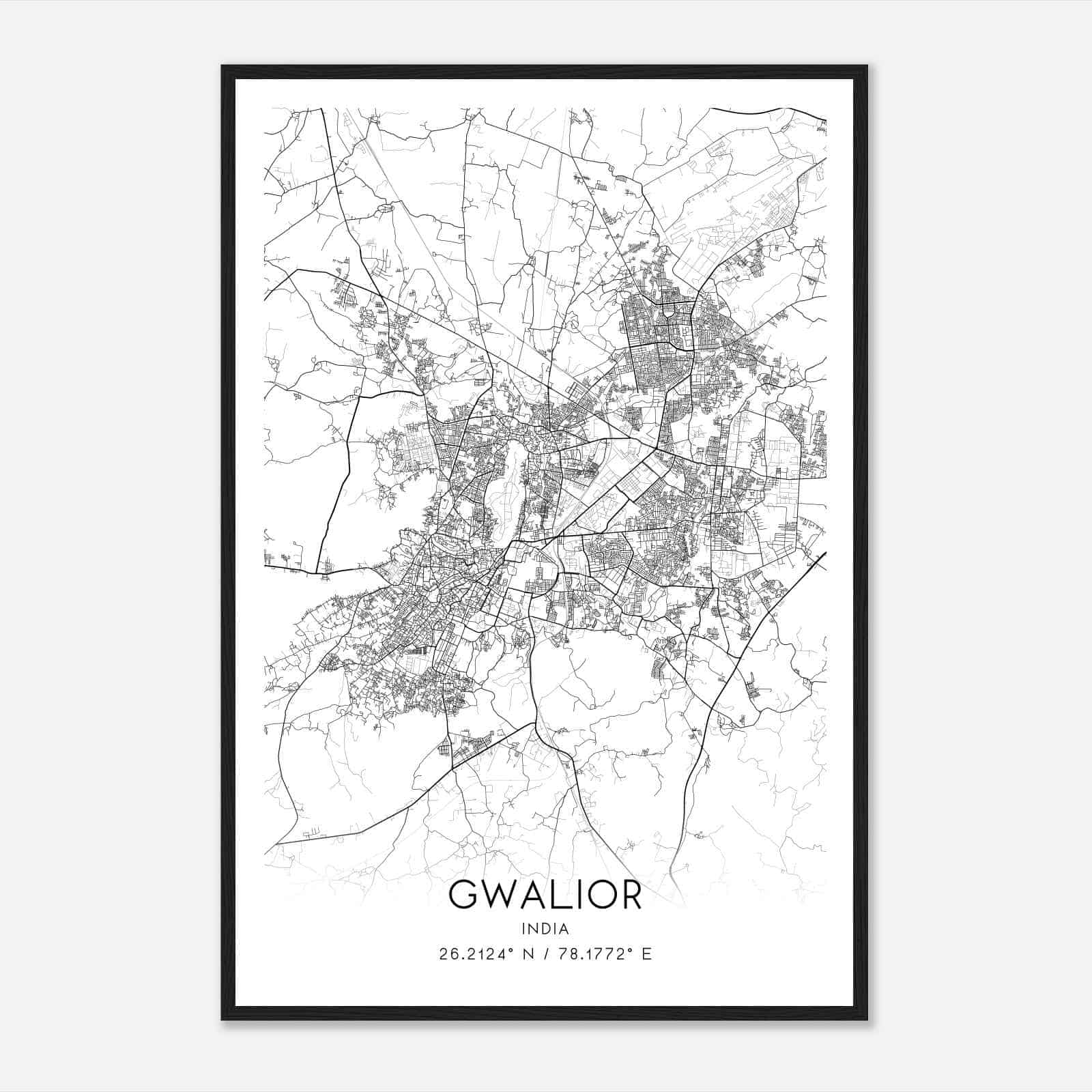 Gwalior India Map Poster, Gwalior City Road Wall Art Print
