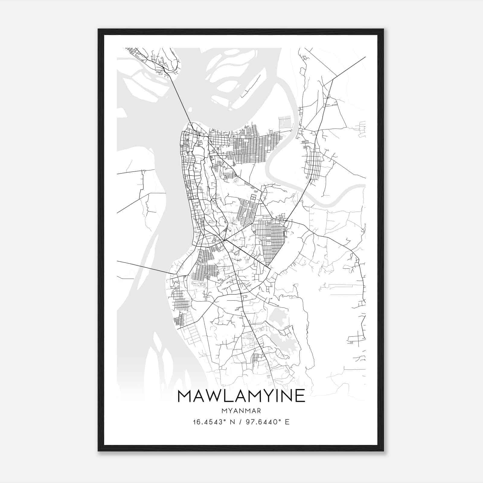 Mawlamyine Myanmar Map Poster, Mawlamyine City Road Wall Art Print