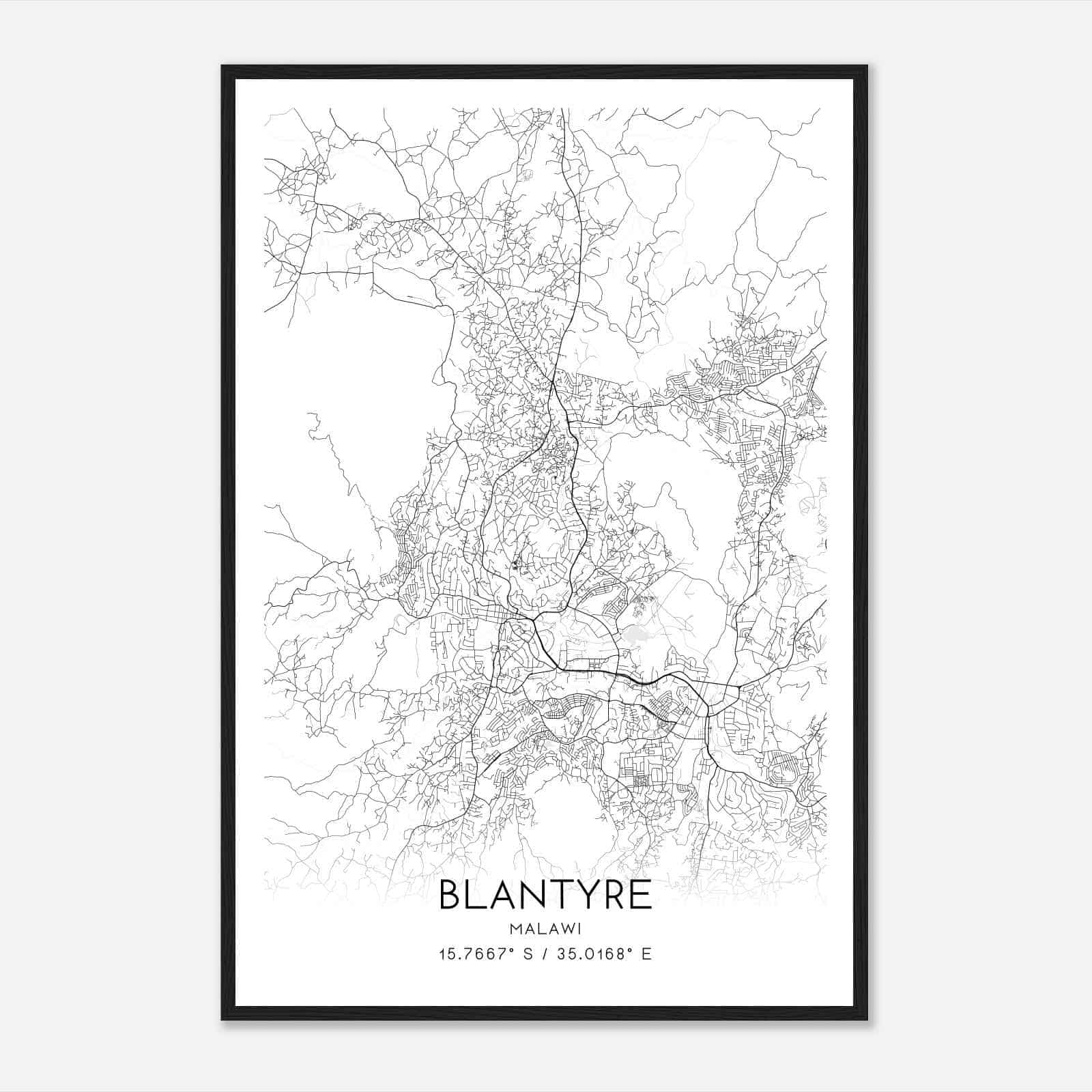 Blantyre Malawi Map Poster, Blantyre City Road Wall Art Print