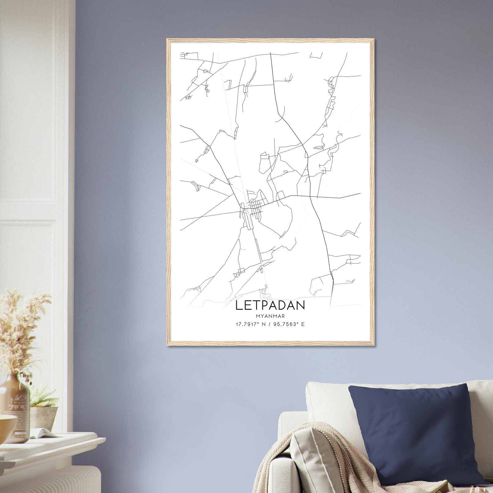 Letpadan Myanmar Map Poster, Letpadan City Road Wall Art Print