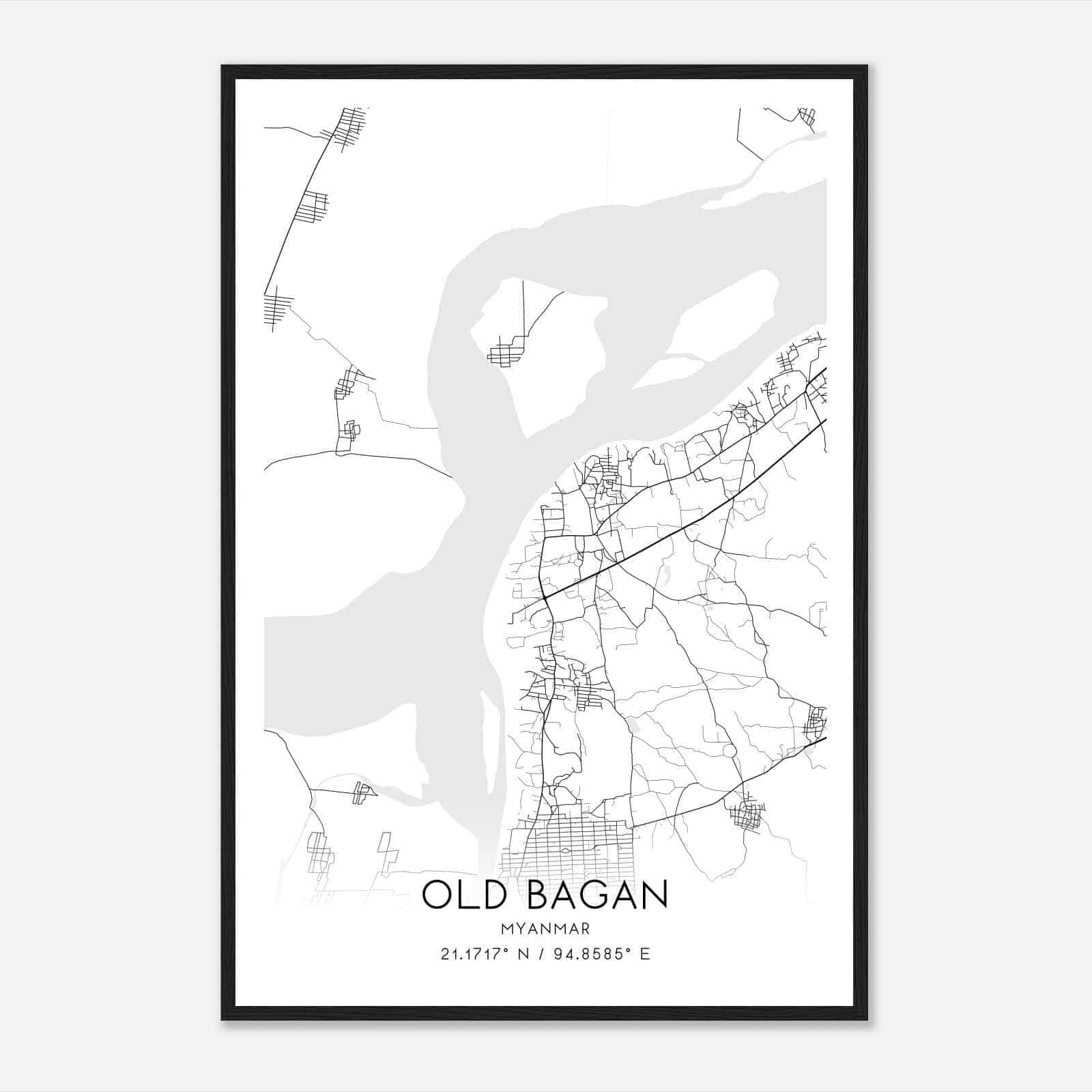 Old Bagan Myanmar Map Poster, Old Bagan City Road Wall Art Print
