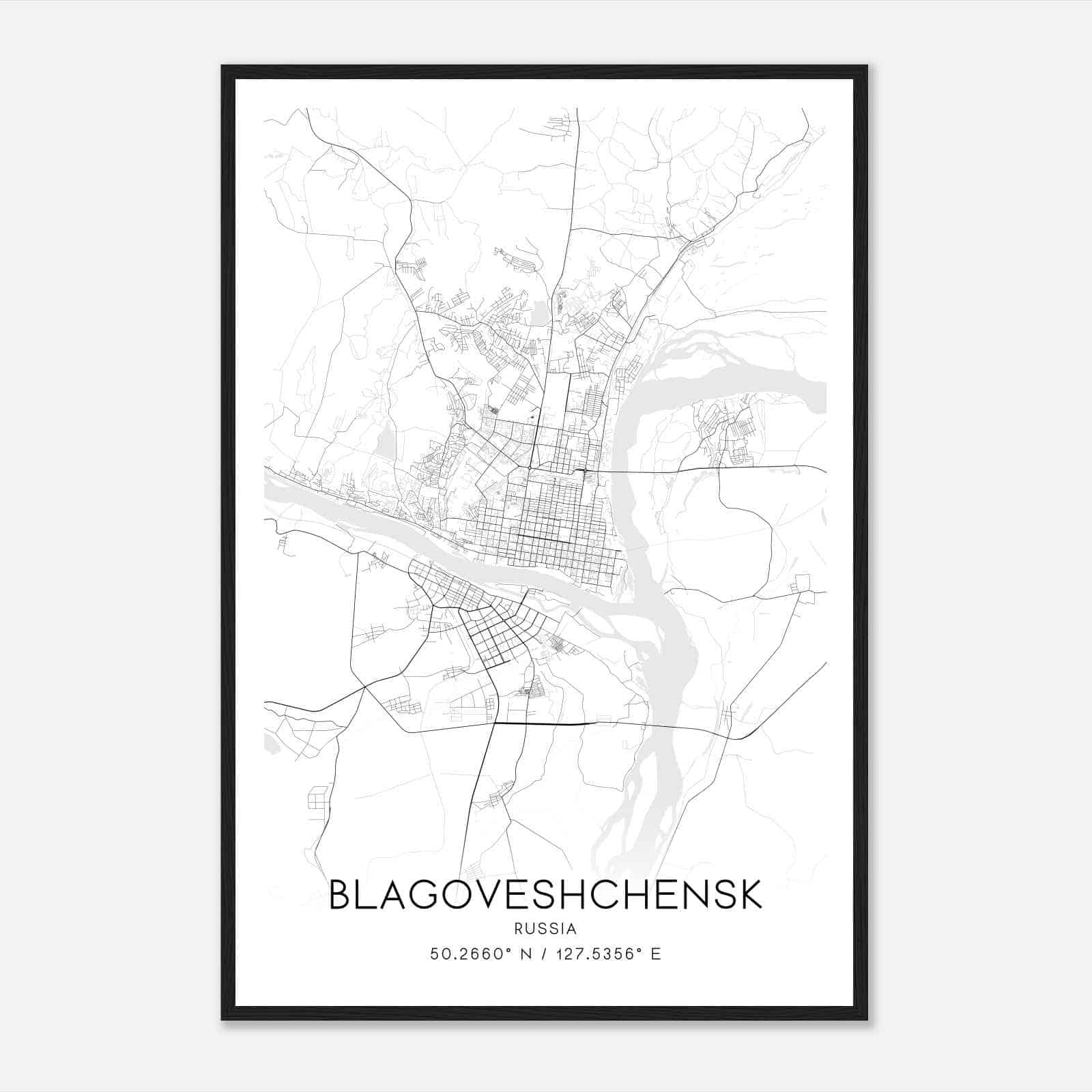 Blagoveshchensk Russia Map Poster, Blagoveshchensk City Road Wall Art Print