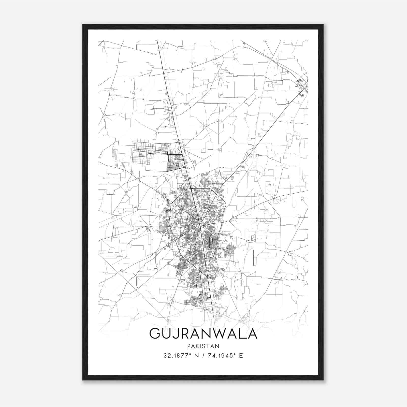 Gujranwala Pakistan Map Poster, Gujranwala City Road Wall Art Print