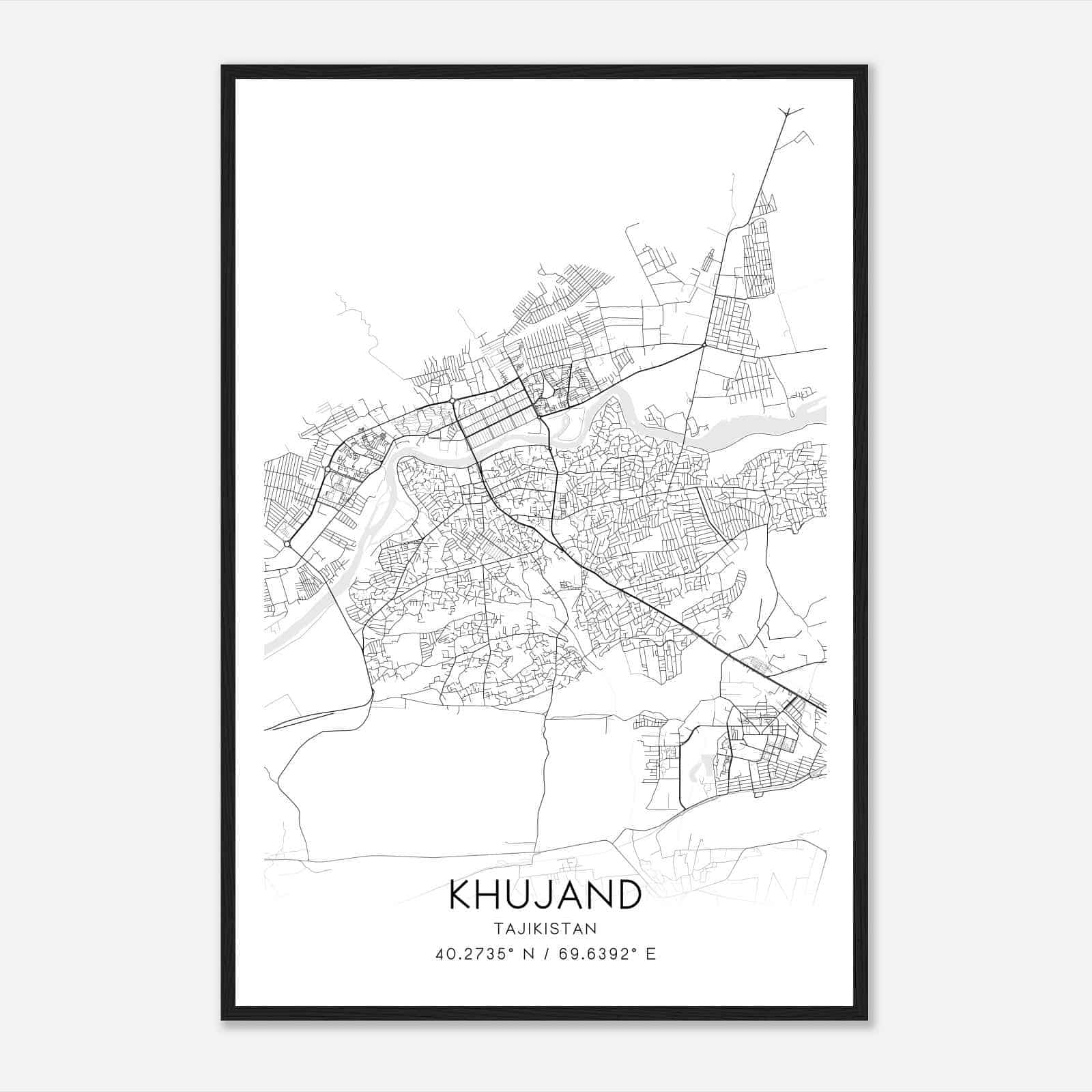 Khujand Tajikistan Map Poster, Khujand City Road Wall Art Print