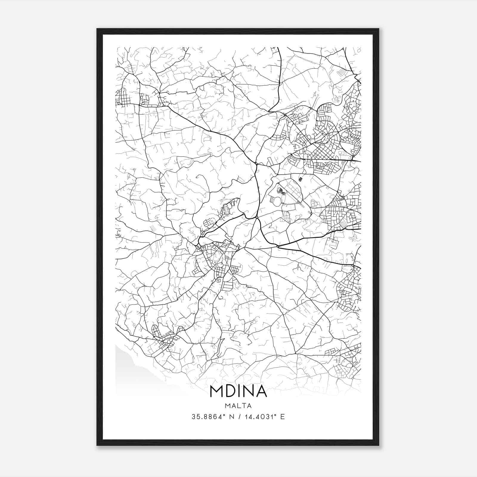 Mdina Malta Map Poster, Mdina City Road Wall Art Print